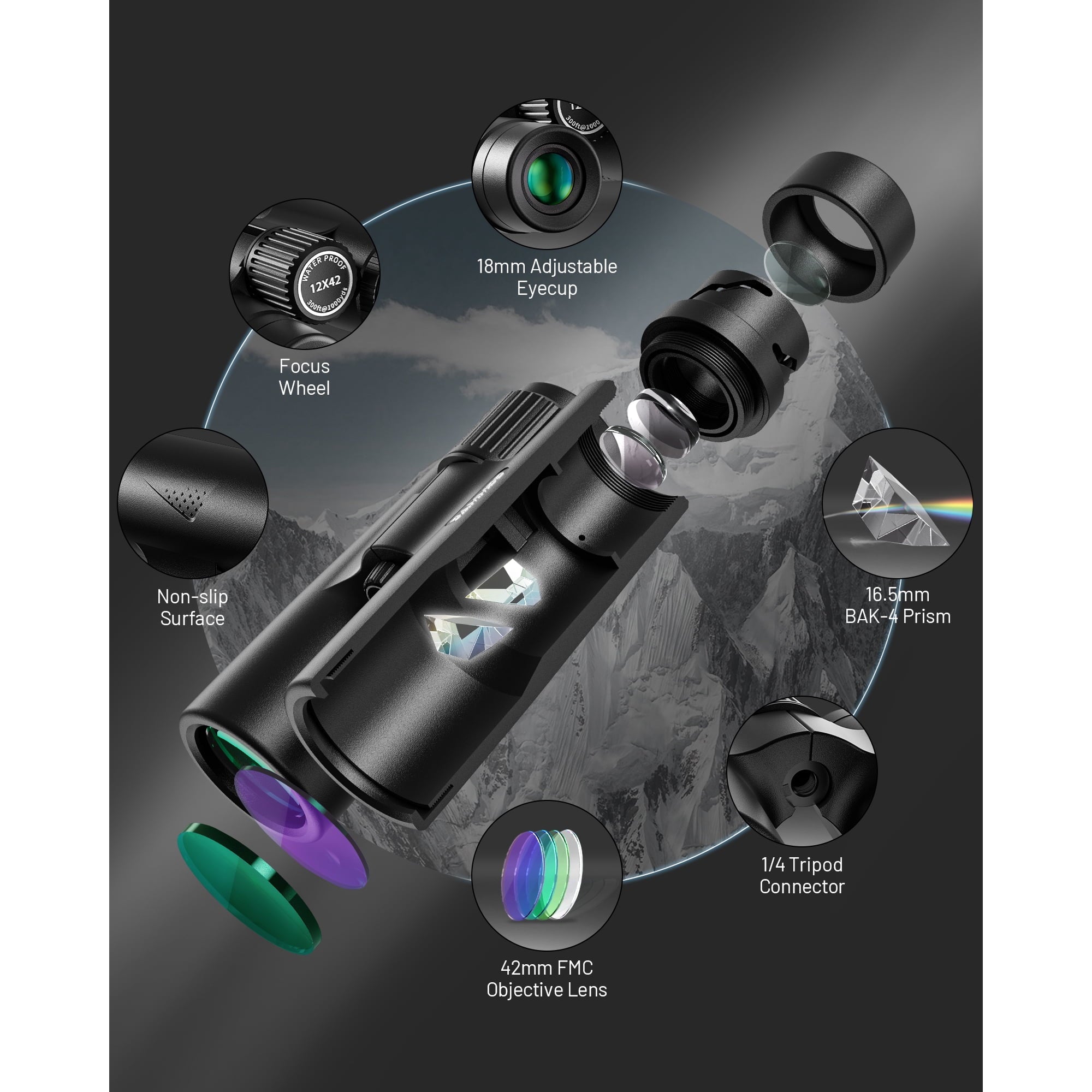 12x42 Binoculars for Adult High Powered,Binocular with Low Light Vision,Compact Waterproof Fogproof Binoculars for Bird Watching Hunting Travel Large Field BAK4 Prism & FMC Lens - NAIPO