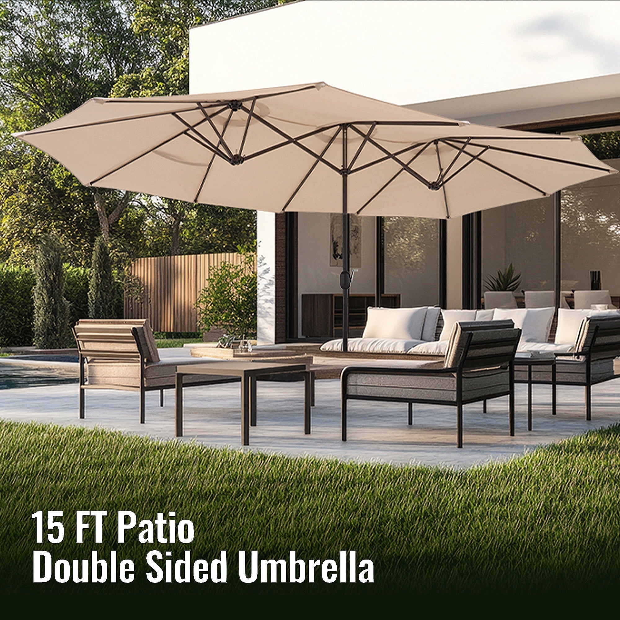 15FT Patio Umbrella Outdoor Double - Sided Rectangle Market Umbrella with Fade Resistant Canopy &Crank Handle, Patio Table Umbrella with 12 Ribs for Garden, Deck, Backyard, Pool, Beige - NAIPO