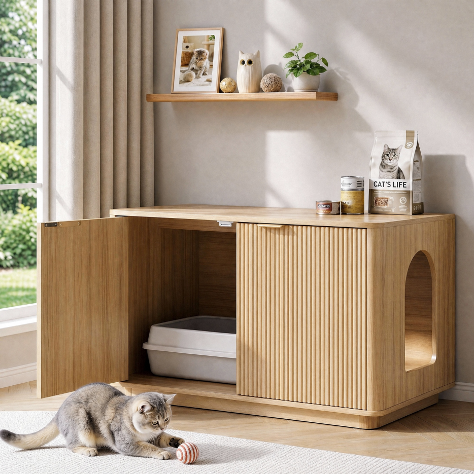 Naipo 31.5" Cat Litter Box Enclosure, Modern Fluted Litter Box Furniture with Hiden Side Entry,for Cats and Home Comforts,Natural