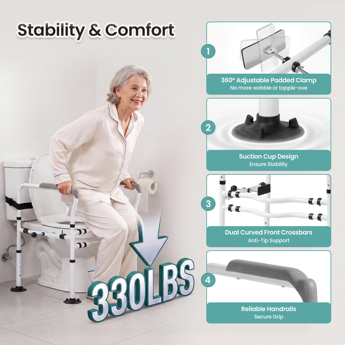Naipo Toilet Safety Rail for Seniors, Adjustable Height and Width, Non-Slip Handles, Suction Cup Feet with Secure Strap, Supports up to 330 lbs