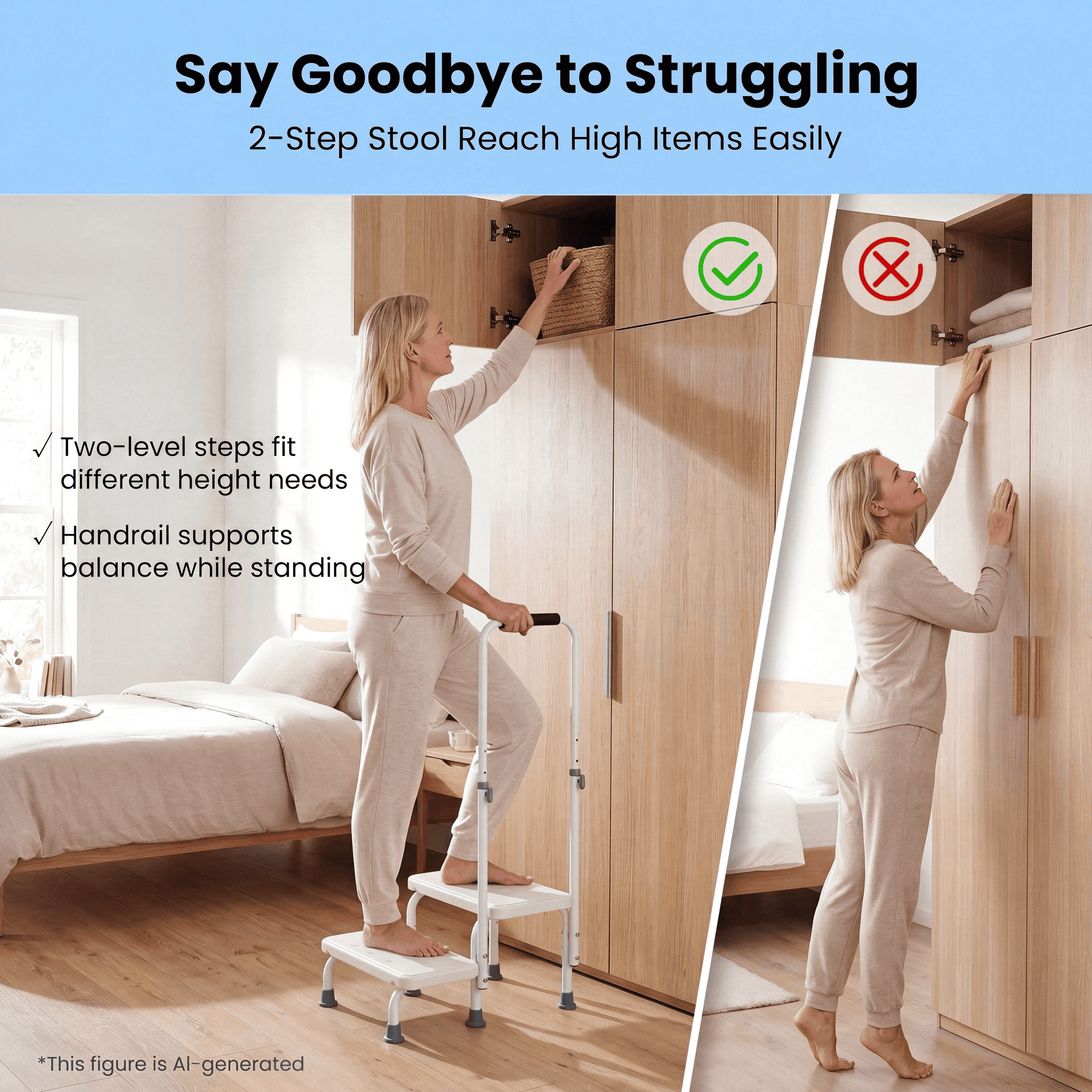 Naipo Medical 2 Step Stool with Handle for Seniors,bedside Stair Stool with Adjustable Handrail and Non-Skid Platform,Holds up to 300 lbs for Kitchen,RV,Car,Bathtub