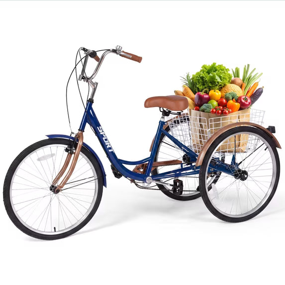 Naipo Adult Tricycle 7 Speed Trikes 3 Wheel 26'' Bikes for Adults, Trike for Women Men, Rear Removable Wheeled Baskets - Seniors & Commuters, 350 lb - Blue Brown