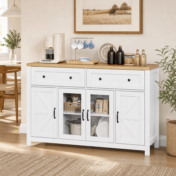 Naipo Buffet Cabinet Farmhouse Style, 4 Doors 2 Drawers with Adjustable Shelves, 300 lbs Heavy Duty & Waterproof Easy-Clean Top, 1-Pack, 55 Inch