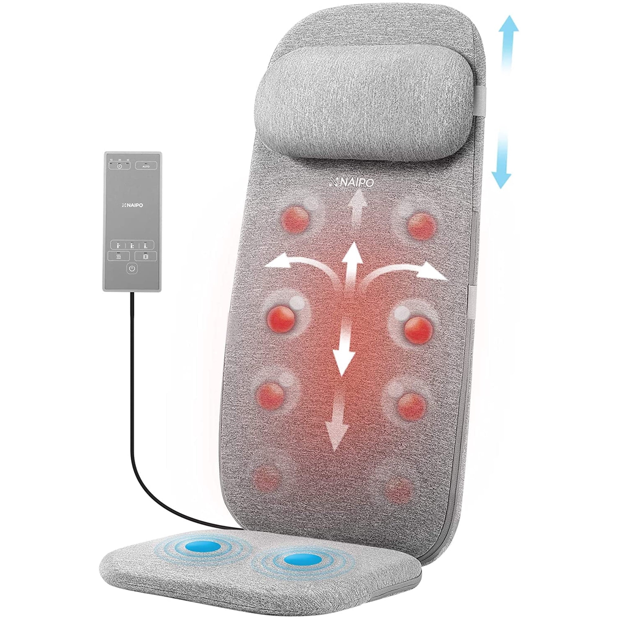 Coussin de massage Shiatsu Naipo pour le dos et la nuque avec chaleur, hauteur réglable, pétrissage et roulement