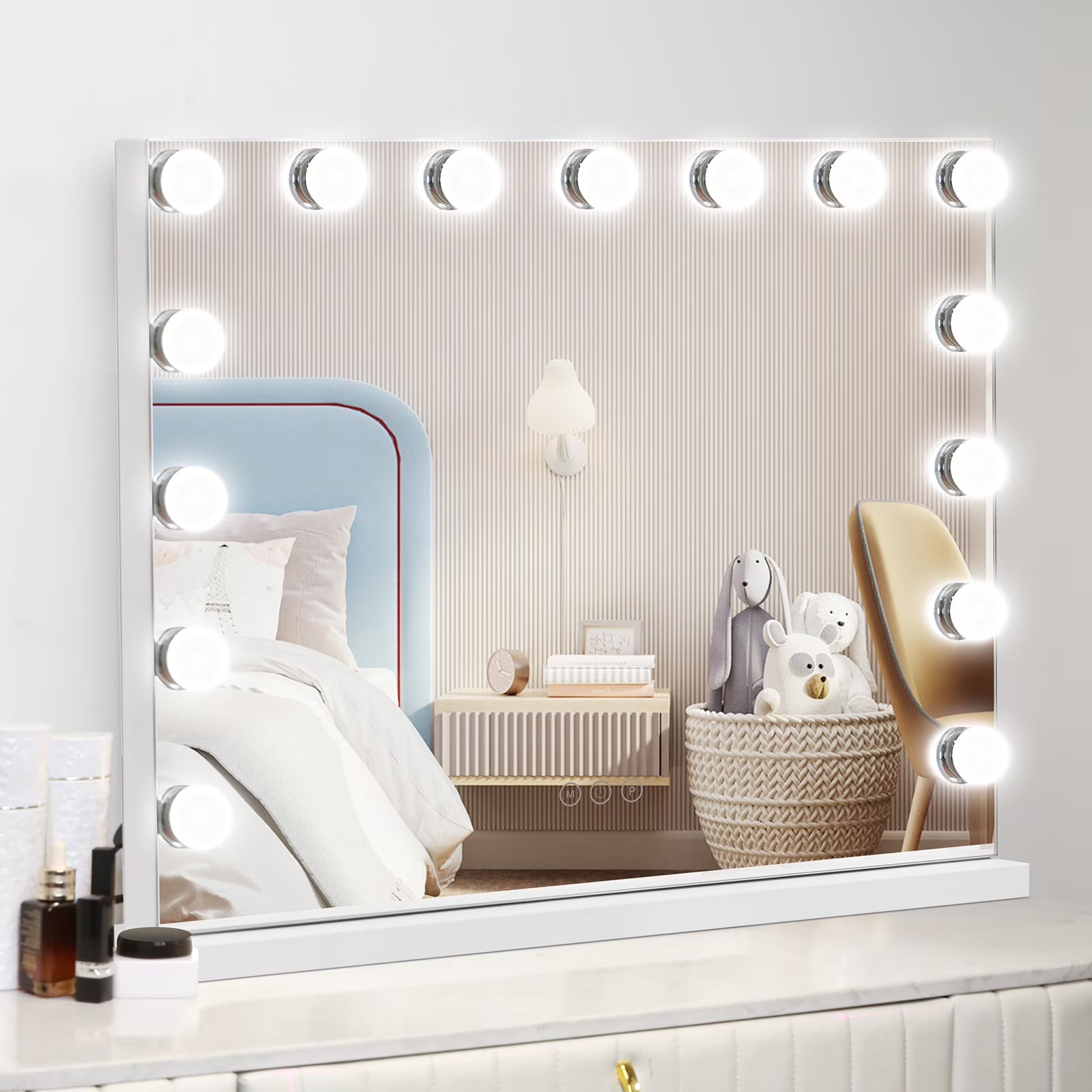 Naipo Hollywood Vanity Mirror with Lights 23" x 18" Large Led Makeup Mirror with 15 Bulbs LED 3 Color Modes & USB Charging Port Aluminum Metal Frame, White
