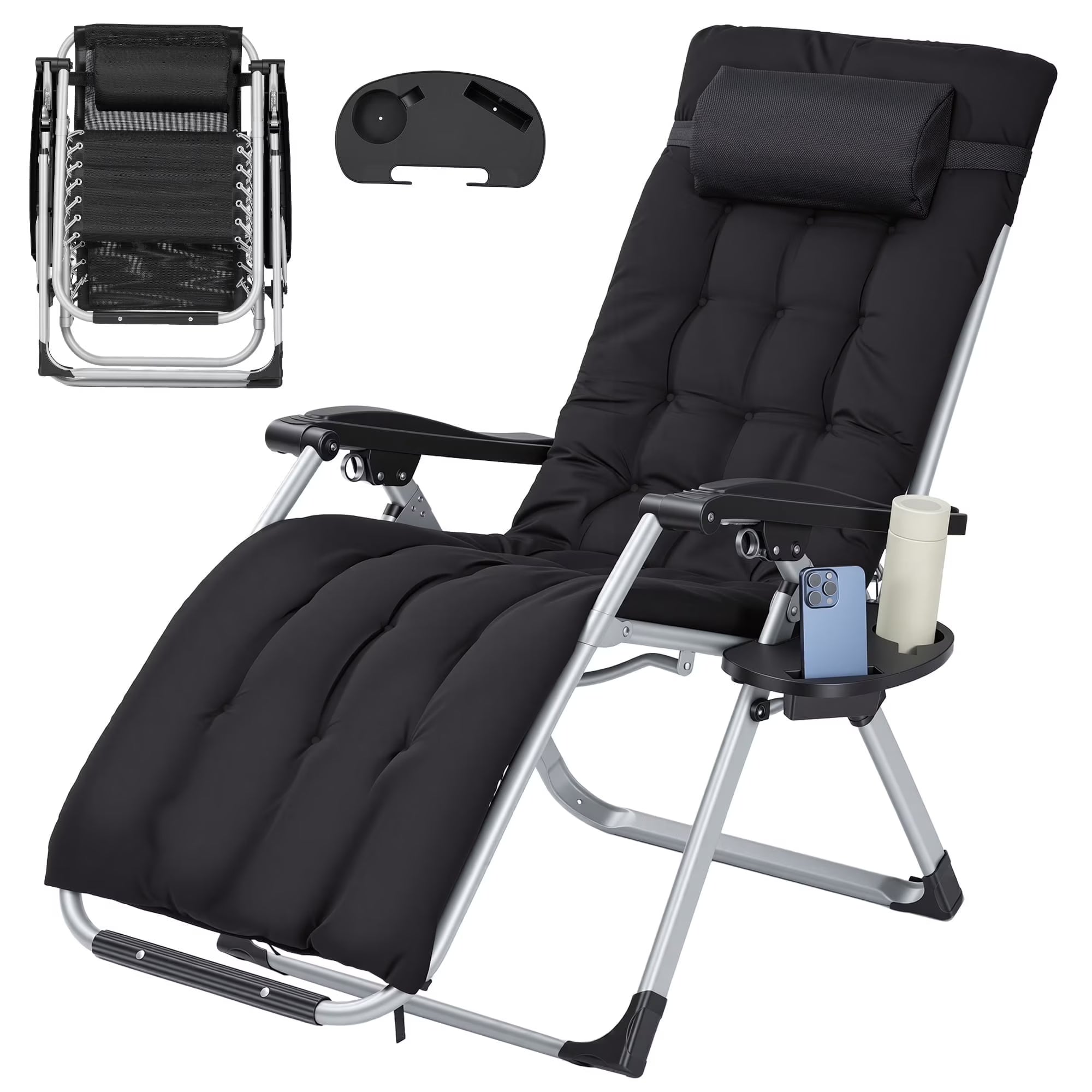 Naipo Zero Gravity Chair, Folding Adjustable Indoor Outdoor Foldable Padded Lounge Chair Reclining Lounge Chair with Removable Cushion, Headrest and Cup Holder, 353lbs, Black