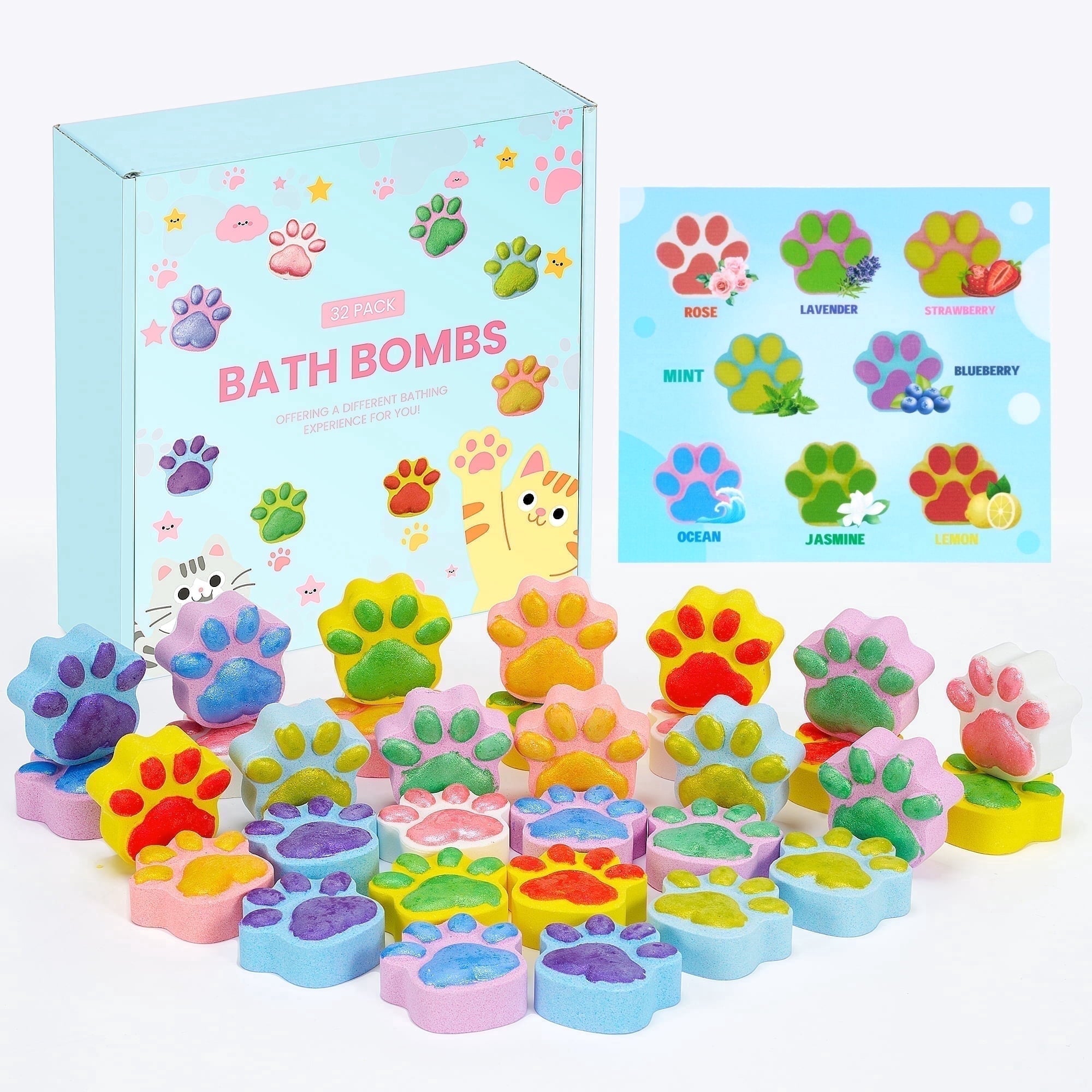 Bath Bomb Gift Set, 32 Pcs Natural Organic Cat Paw Bath Bombs with Rich Fizz,Shea & Coco Butter Dry Skin Moisturize,SPA Relaxing Gifts for Women & Men, Girls, Wife, Birthday - NAIPO