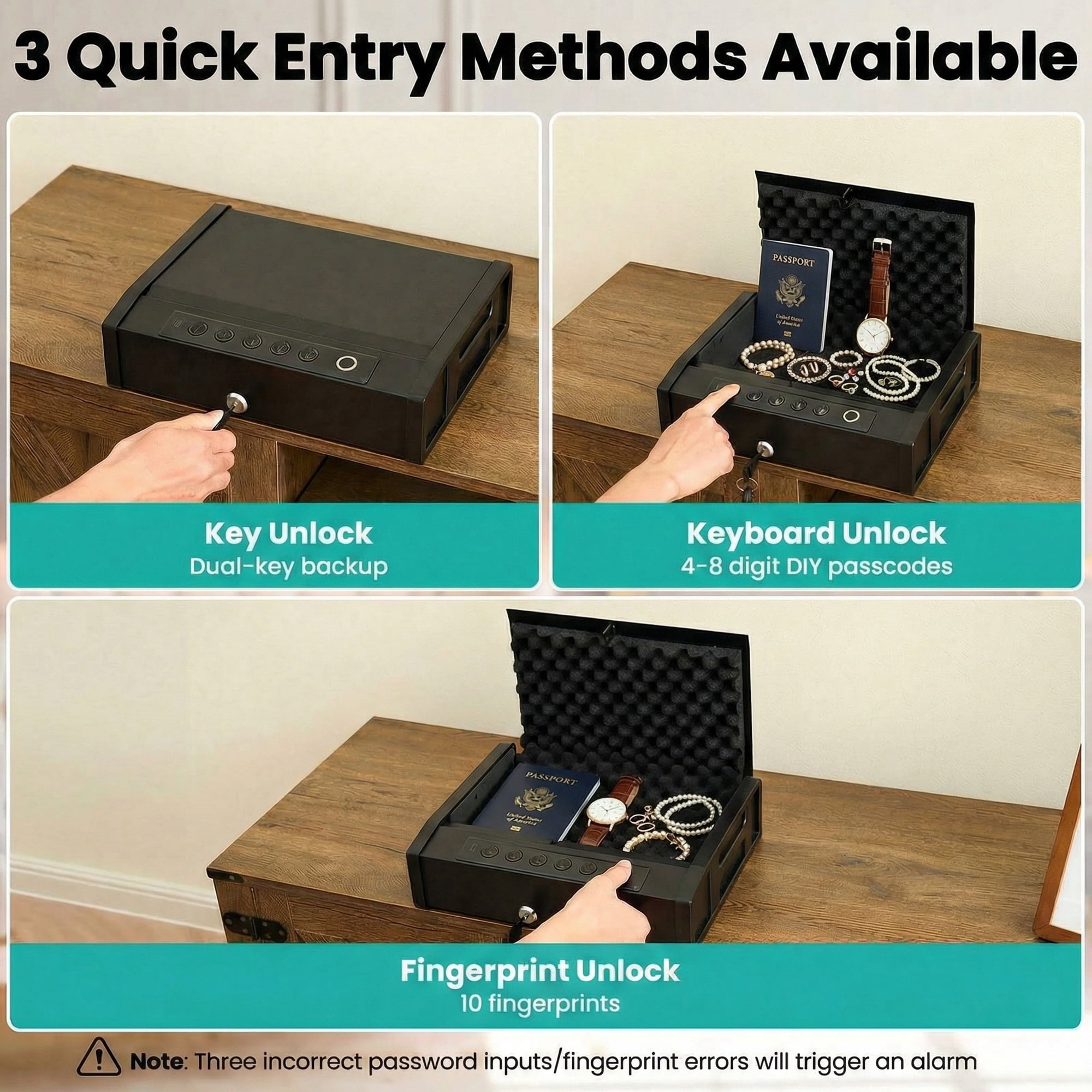 Naipo Portable Biometric Gun Safe, 3-Way Fingerprint Password Key Quick Access Handgun Safe Holds Up to 2 Pistols, Compact Small Gun Safe with Built-in LED Light for Bedside, Car, Travel & Home