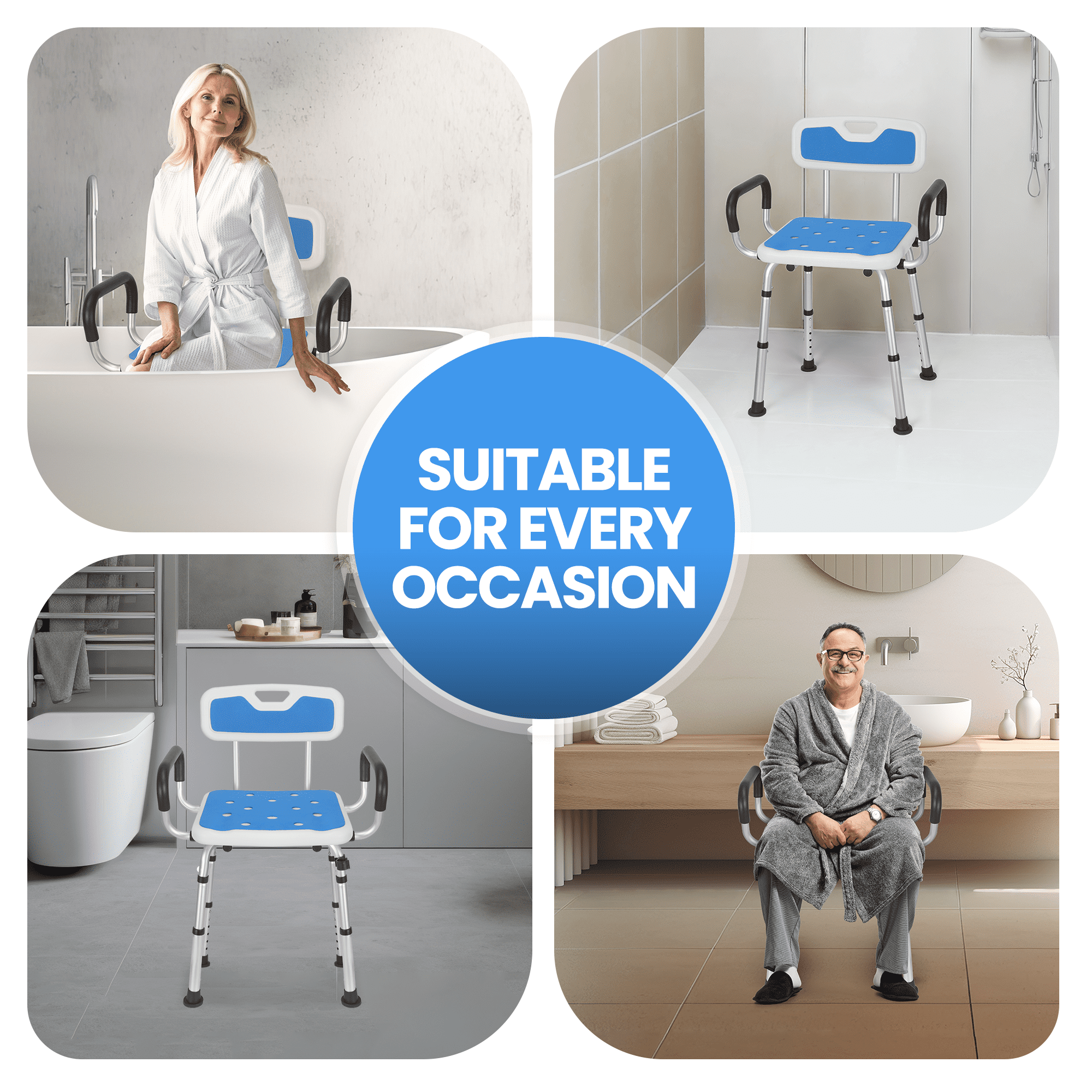 Chaise de douche Naipo avec accoudoirs, dossier et coussinets EVA, tabouret de bain de sécurité réglable en hauteur pour personnes âgées, personnes handicapées et bariatriques