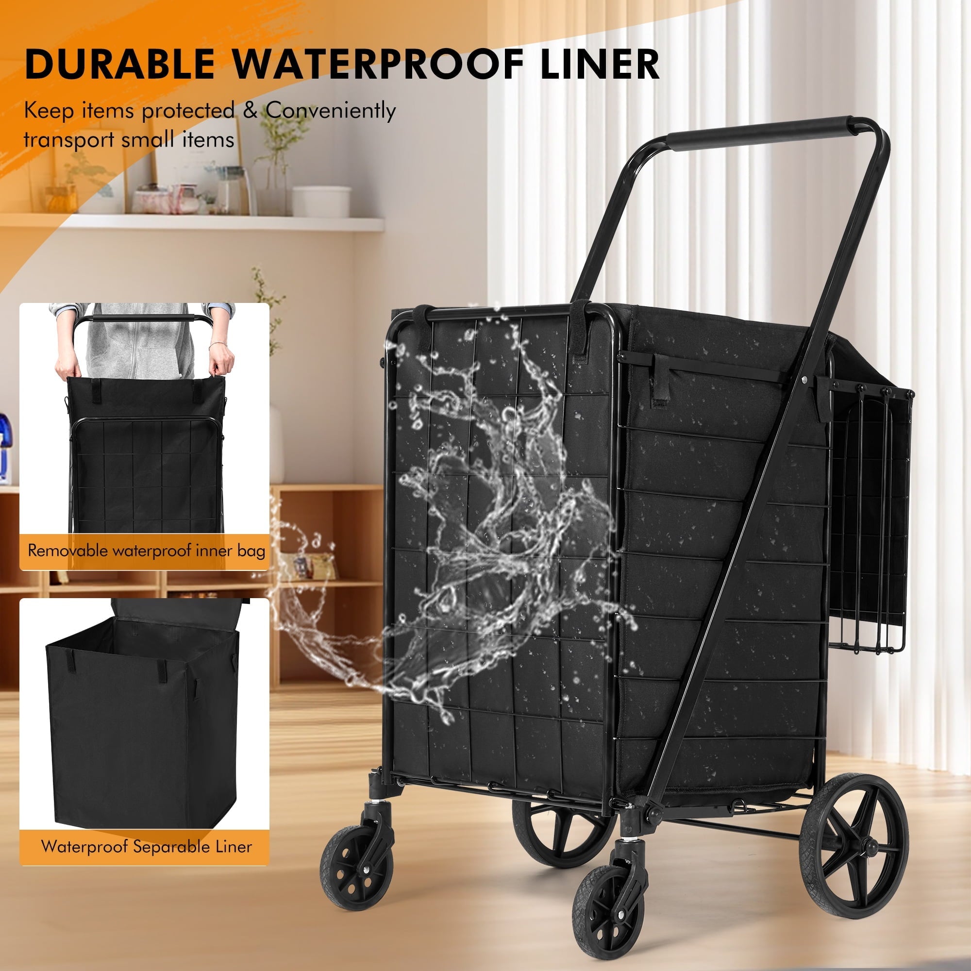 Folding Shopping Cart with Wheels & Double Basket Folding Utility Shopping Cart with Waterproof Removable Lining ,Portable Lightweight Trolley 180 LBS Capacity for Grocery Laundry - NAIPO