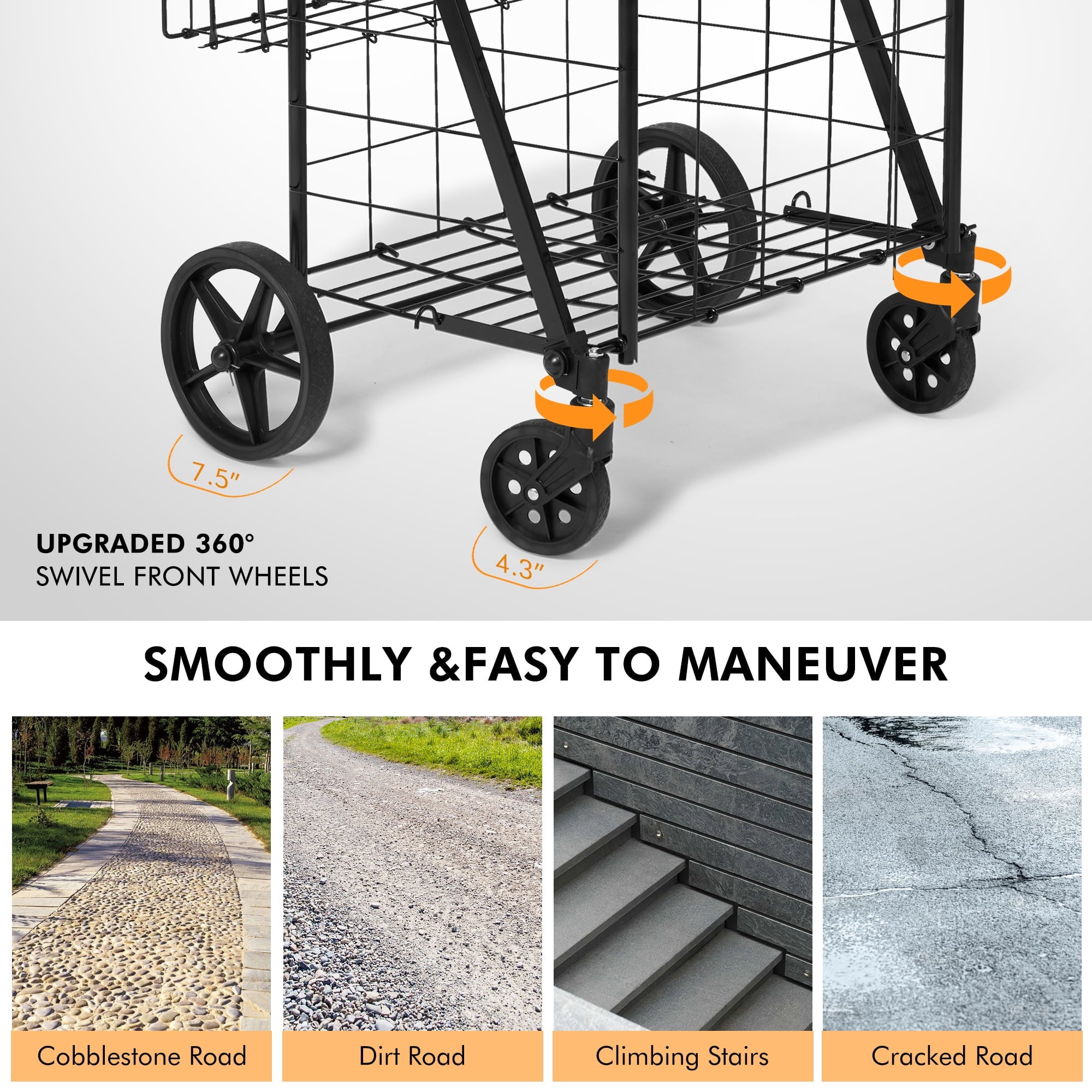 Folding Shopping Cart with Wheels & Double Basket Folding Utility Shopping Cart with Waterproof Removable Lining ,Portable Lightweight Trolley 180 LBS Capacity for Grocery Laundry - NAIPO