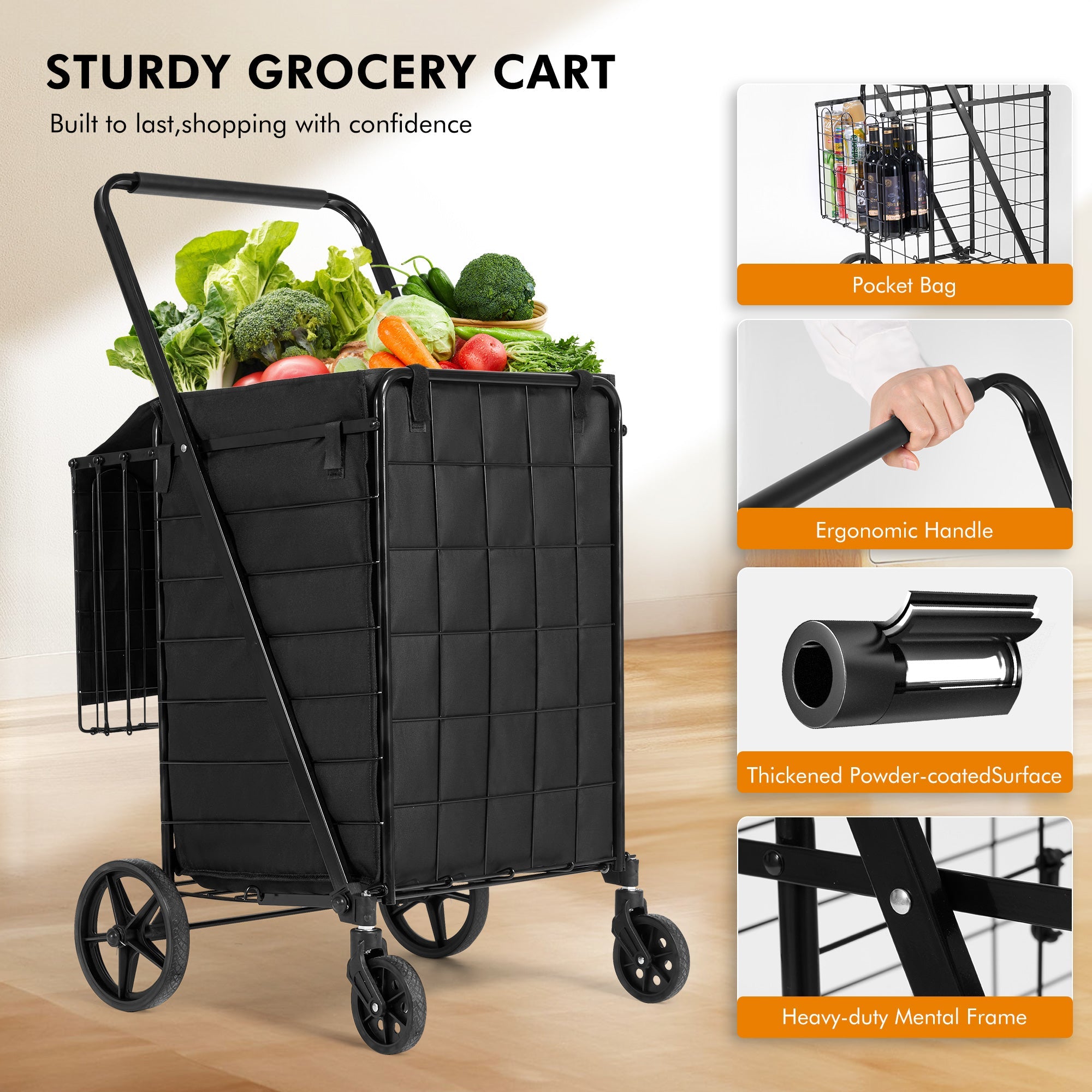 Folding Shopping Cart with Wheels & Double Basket Folding Utility Shopping Cart with Waterproof Removable Lining ,Portable Lightweight Trolley 180 LBS Capacity for Grocery Laundry - NAIPO