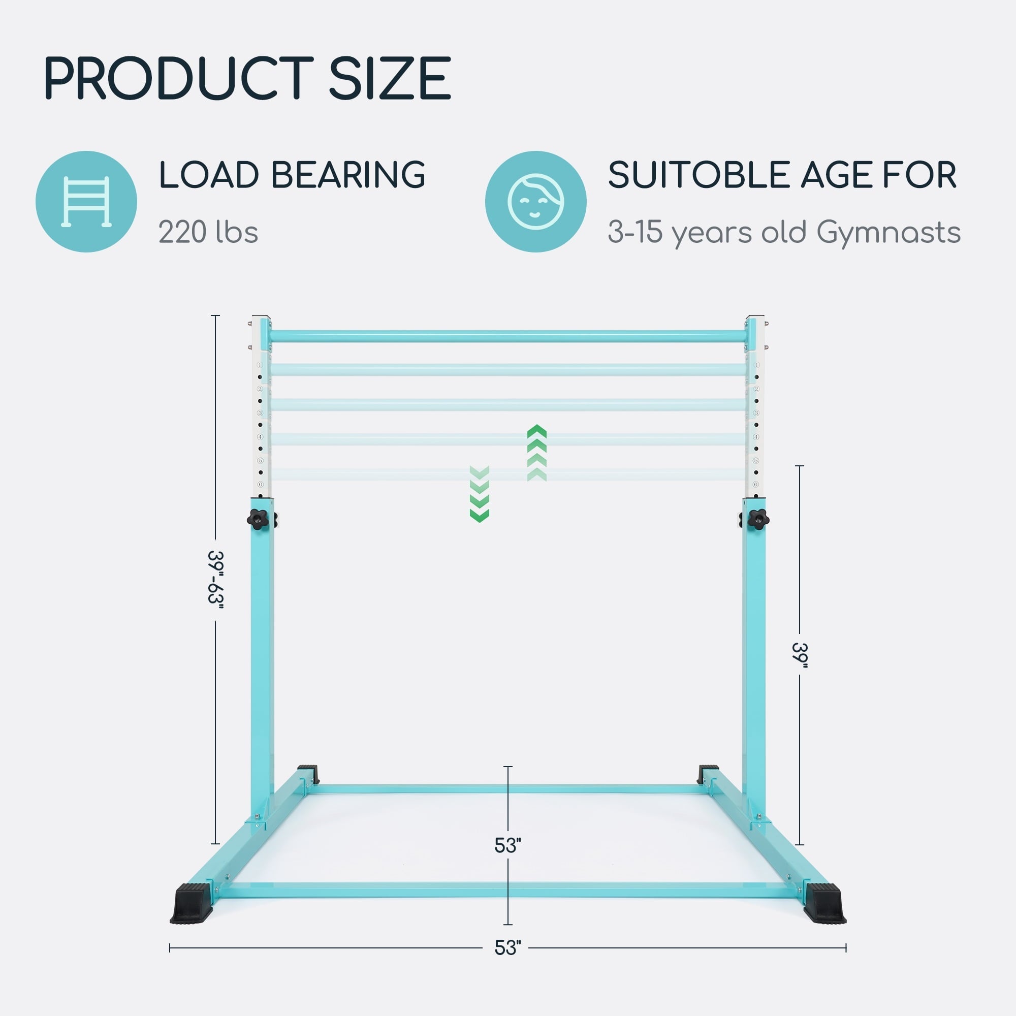 Gymnastics Bar Horizontal Training Bars for Teenager 3 - 15 with Steady Steel Construction,Easy to Assemble, Anti - Slip 3' to 5' Adjustable Height for Home and Club Use - NAIPO
