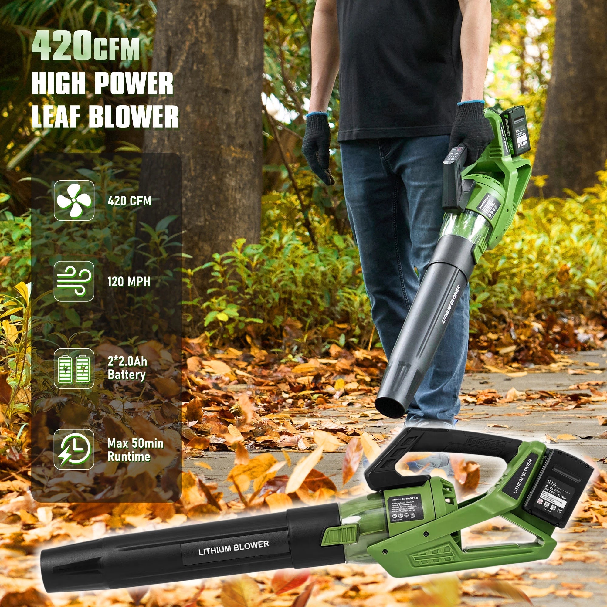 Leaf Blower Cordless with 2 X Battery and Charger - 40V 420CFM Battery Powered Leaf Blower Leightweight /4 Speed & Turbo Mode, Cordless Leaf Blower for Lawn Care, Grass, Dust, Snow, Wet Leaves - NAIPO