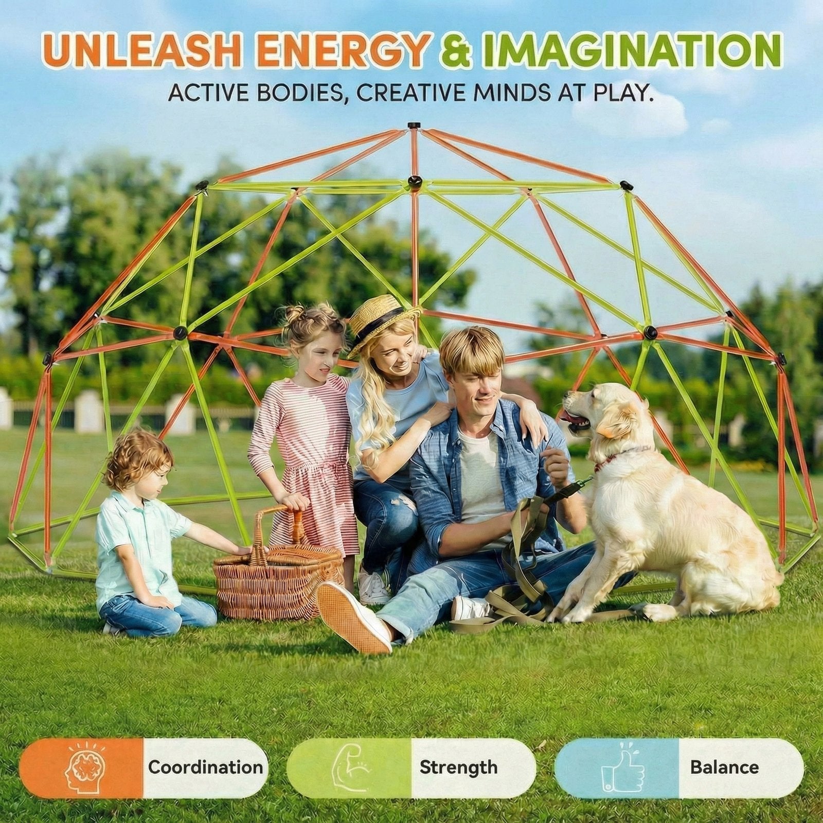 Naipo 10FT Climbing Dome with Hammock Swing 500 LBS Heavy Duty Climbing Set Outdoor Backyard Playground Jungle Gym Orange & Green - NAIPO