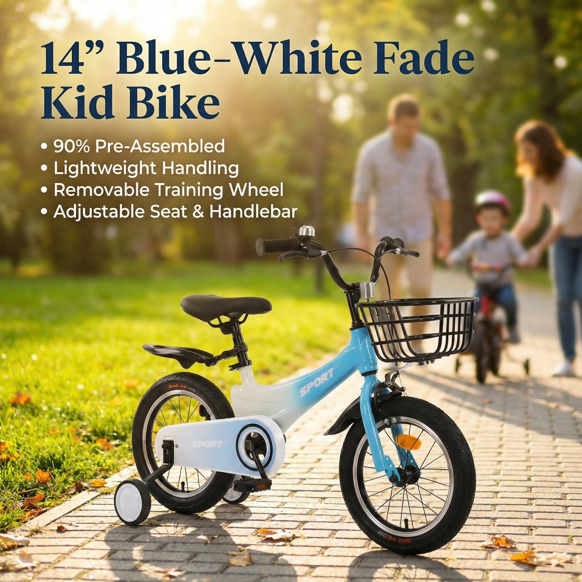 Naipo 14 inch Kids Bike for Boys and Girls Detachable Front Basket Mag Alloy Frame Bicycle for Kids with Training Wheels Bell & Dual Brakes Blue - White Gradient - NAIPO
