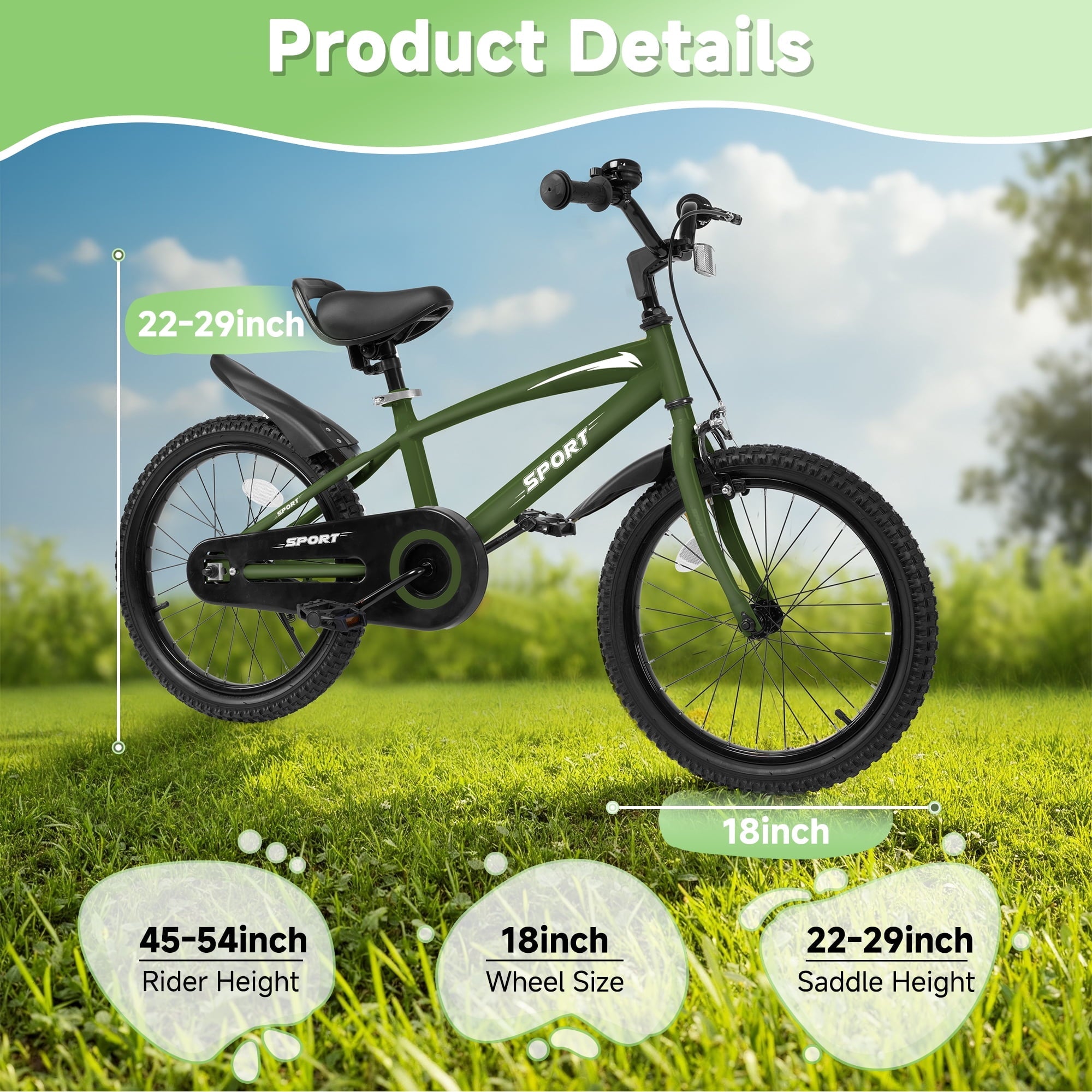 Naipo 18 Inches Kids Bike Green for Boys and Girls Kids Bicycle With Removable Training Wheels and Adjustable Seat Height - NAIPO