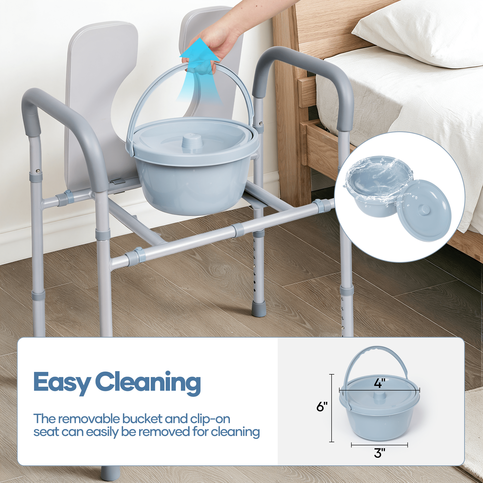 Naipo 3-in-1 Bedside Commode Chair for Seniors,Toilet Riser,Shower Chair,Adjustable Height and Width,Padded Seat and Armrests,300 lbs Capacity,7.5 Quart Removable Bucket - NAIPO