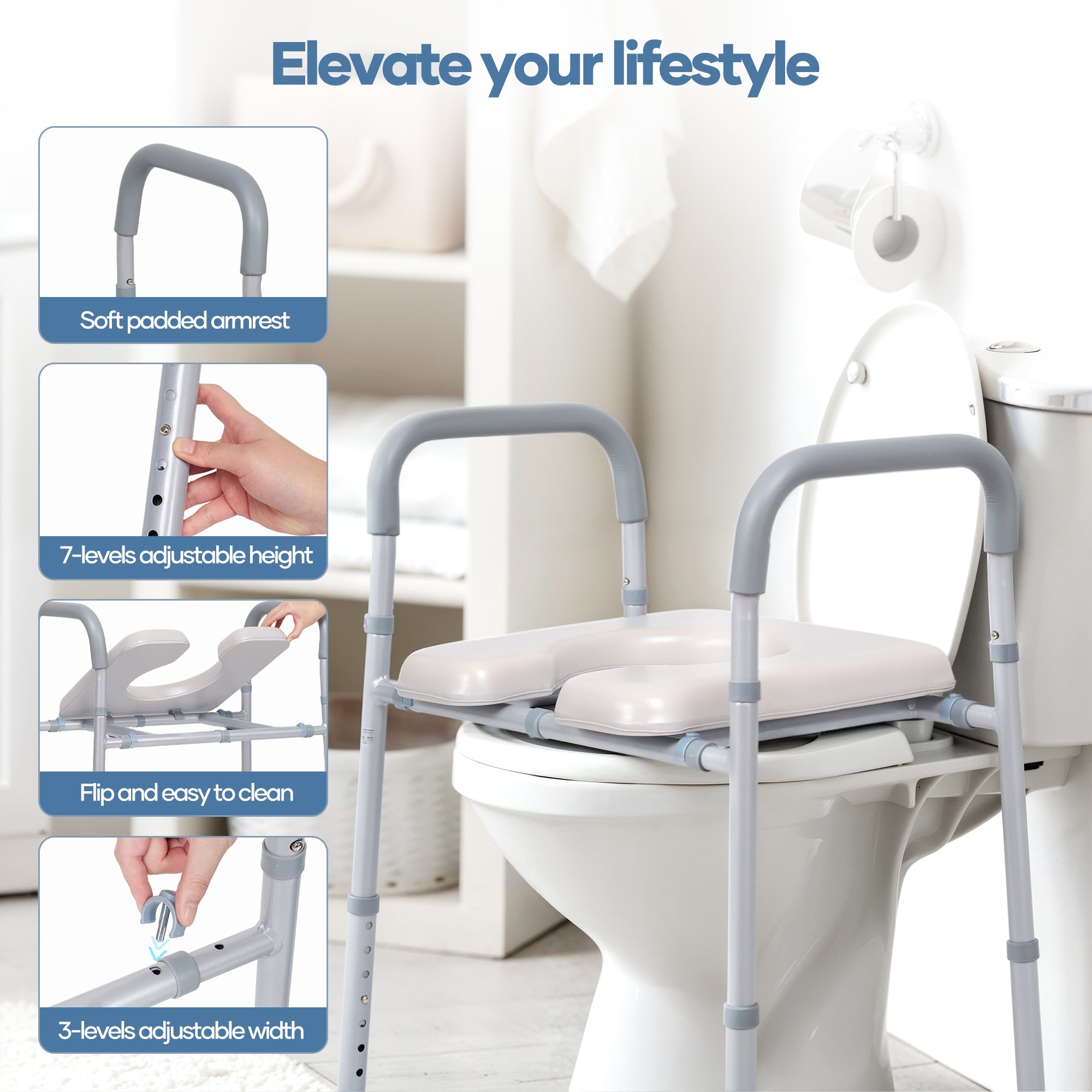 Naipo 3-in-1 Bedside Commode Chair for Seniors,Toilet Riser,Shower Chair,Adjustable Height and Width,Padded Seat and Armrests,300 lbs Capacity,7.5 Quart Removable Bucket - NAIPO