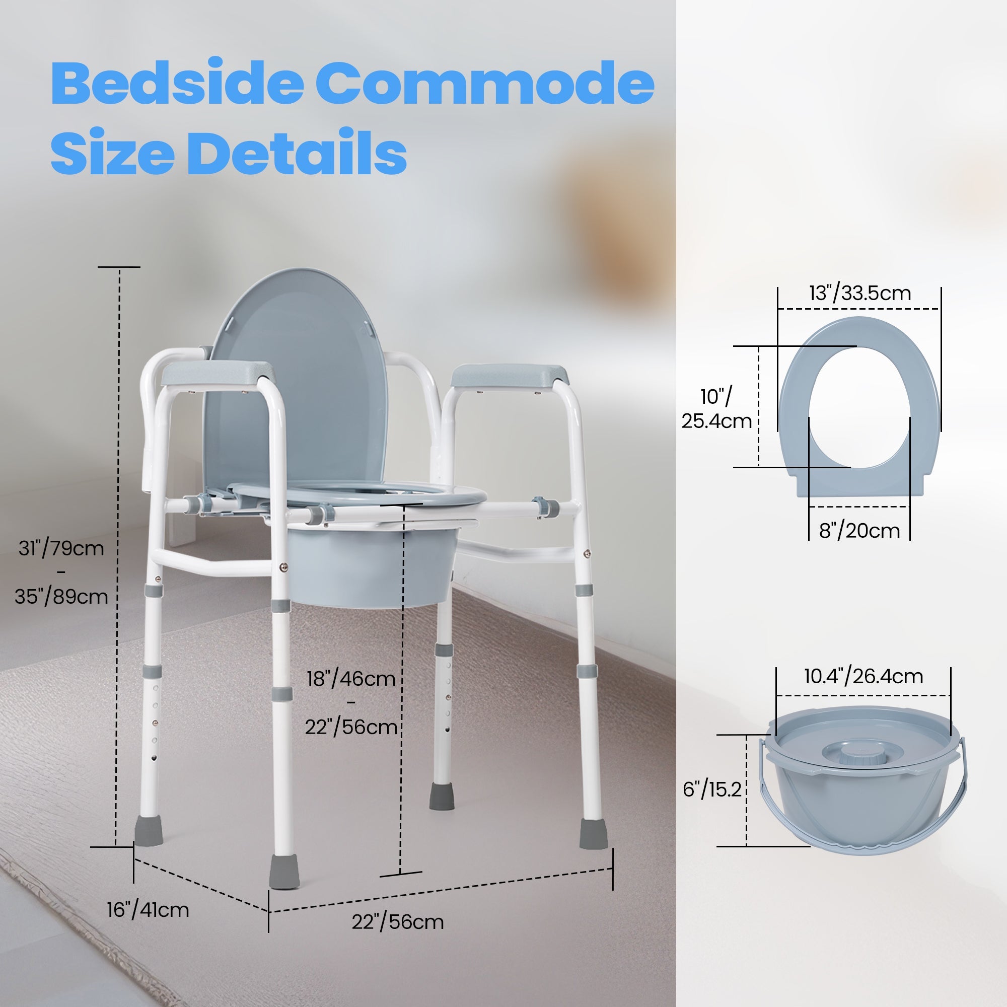 Naipo 3-in-1 Medical Bedside Commode for Seniors, Portable Toilet Raised Seat, Commode Potty Chair with 7.5 QT Bucket, Steel Frame 300 lbs Capacity - NAIPO