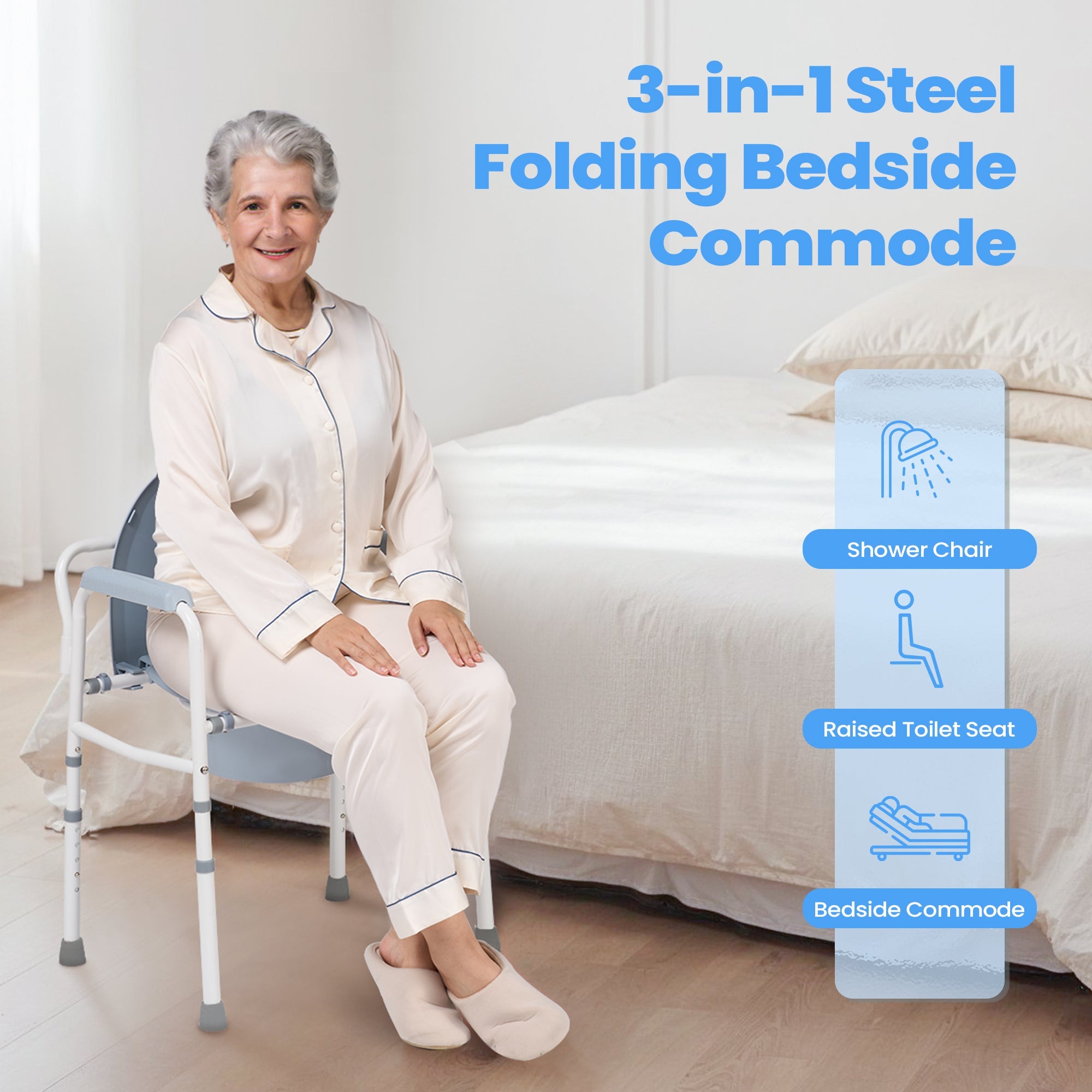 Naipo 3-in-1 Medical Bedside Commode for Seniors, Portable Toilet Raised Seat, Commode Potty Chair with 7.5 QT Bucket, Steel Frame 300 lbs Capacity - NAIPO