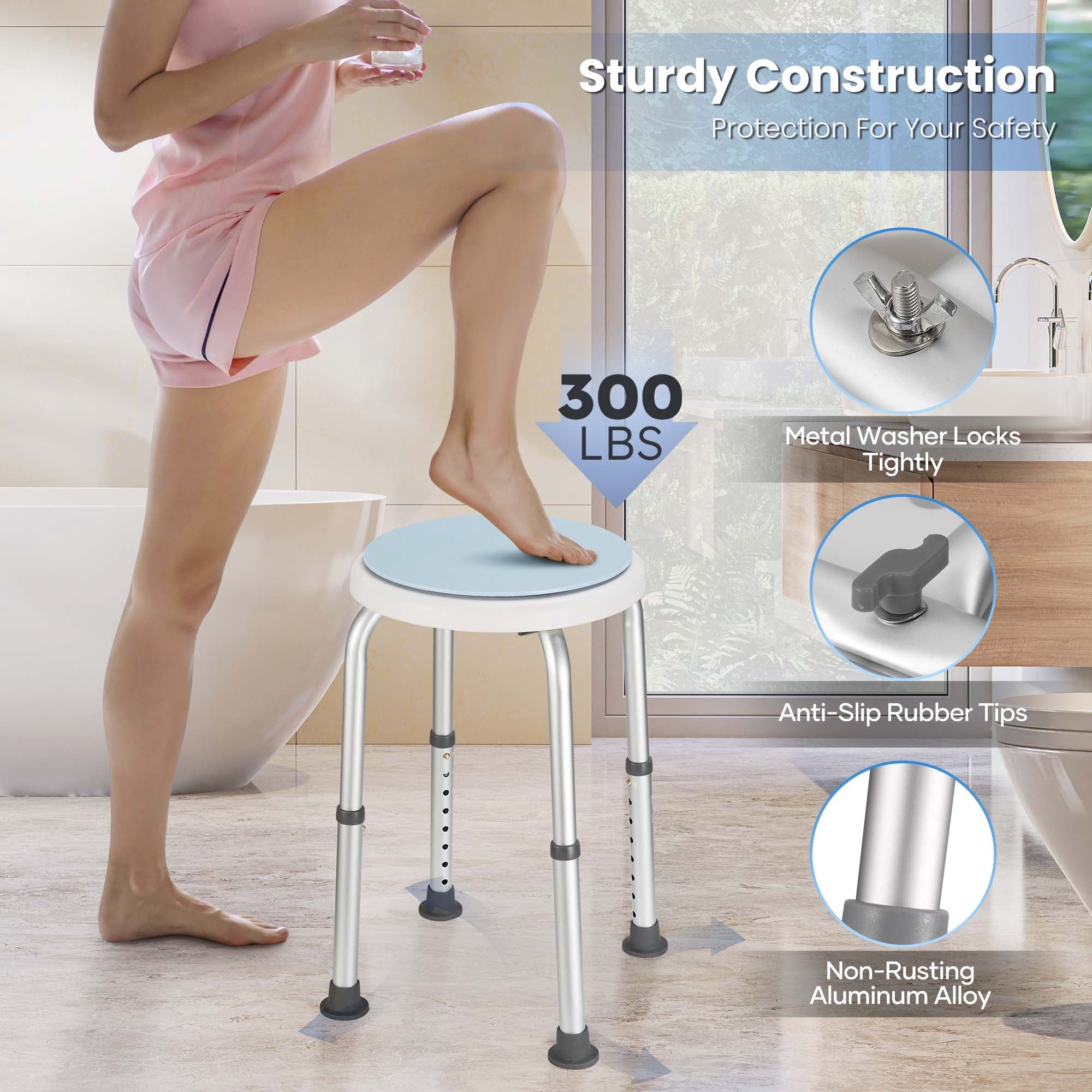 Naipo 360 Degree Rotating Shower Chair, Aluminum Swivel Bathtub Stool with Anti-Slip Rubber Tips, Tool-Free Assembly, Blue - NAIPO