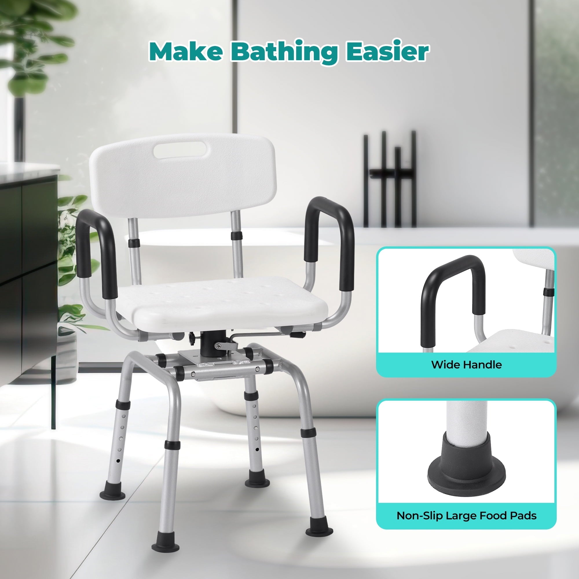 Naipo 360° Swivel Shower Chair for Elderly & Disabled - Adjustable Height Bath Chair with Armrests, Backrest & Non-Slip Seat - 300 lbs Capacity, White - NAIPO