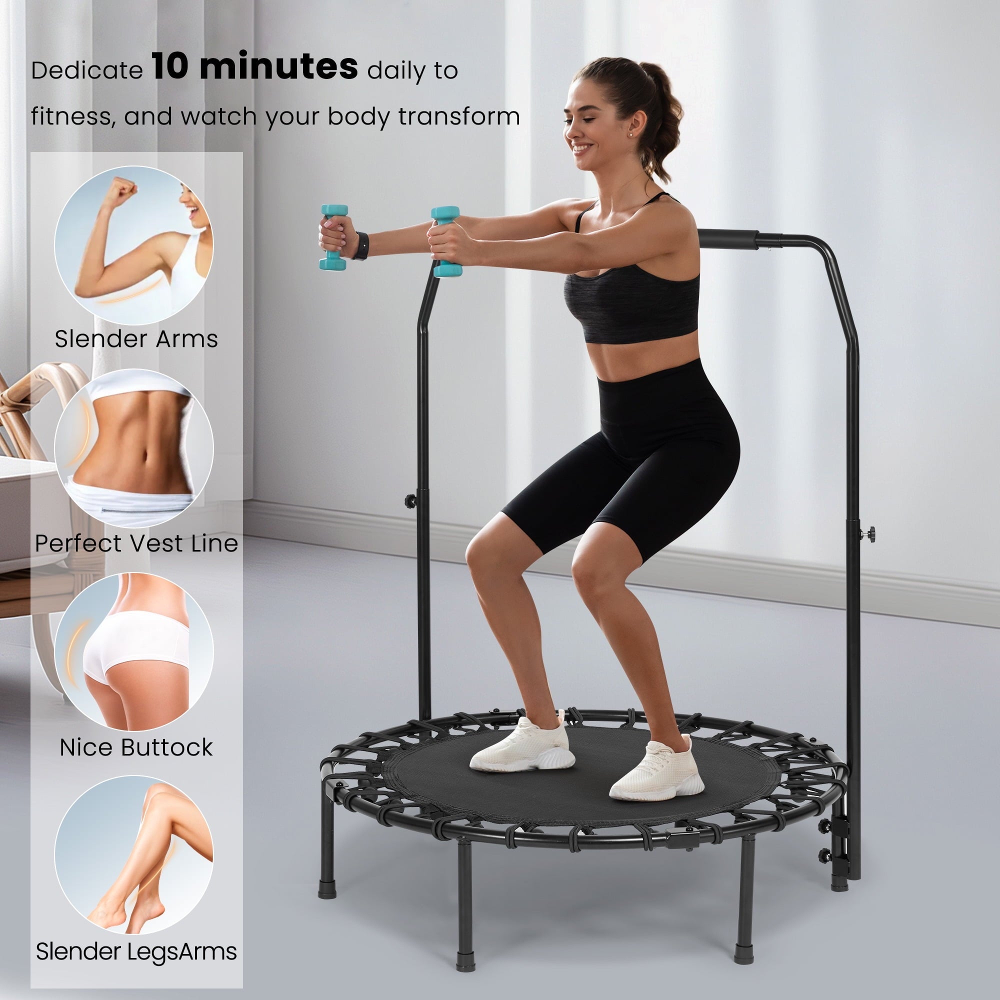 Naipo 40" Fitness Trampoline with Bungees Quiet Exercise Mini Rebounder 450lbs Adjustable Handle for Kids Adults Indoor/Garden Workout - NAIPO