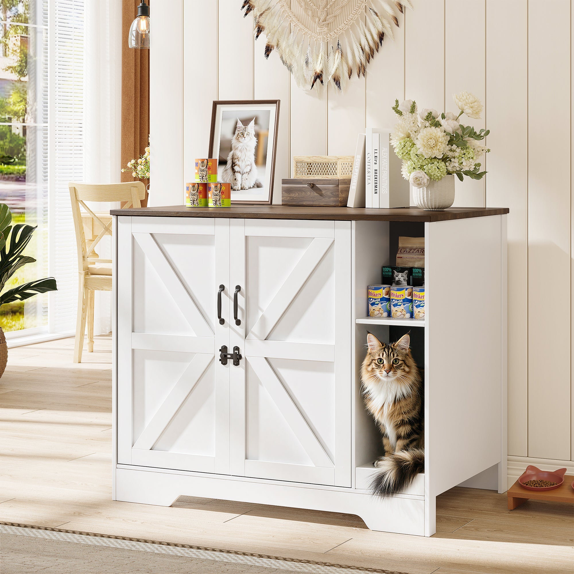 Naipo 42inch XL Litter Robot Enclosure Cabinet, Hidden Cat Litter Box Furniture with Power Outlet for Litter Robot 3/4, Dog Proof, with Cat Scratch Pad,White - NAIPO