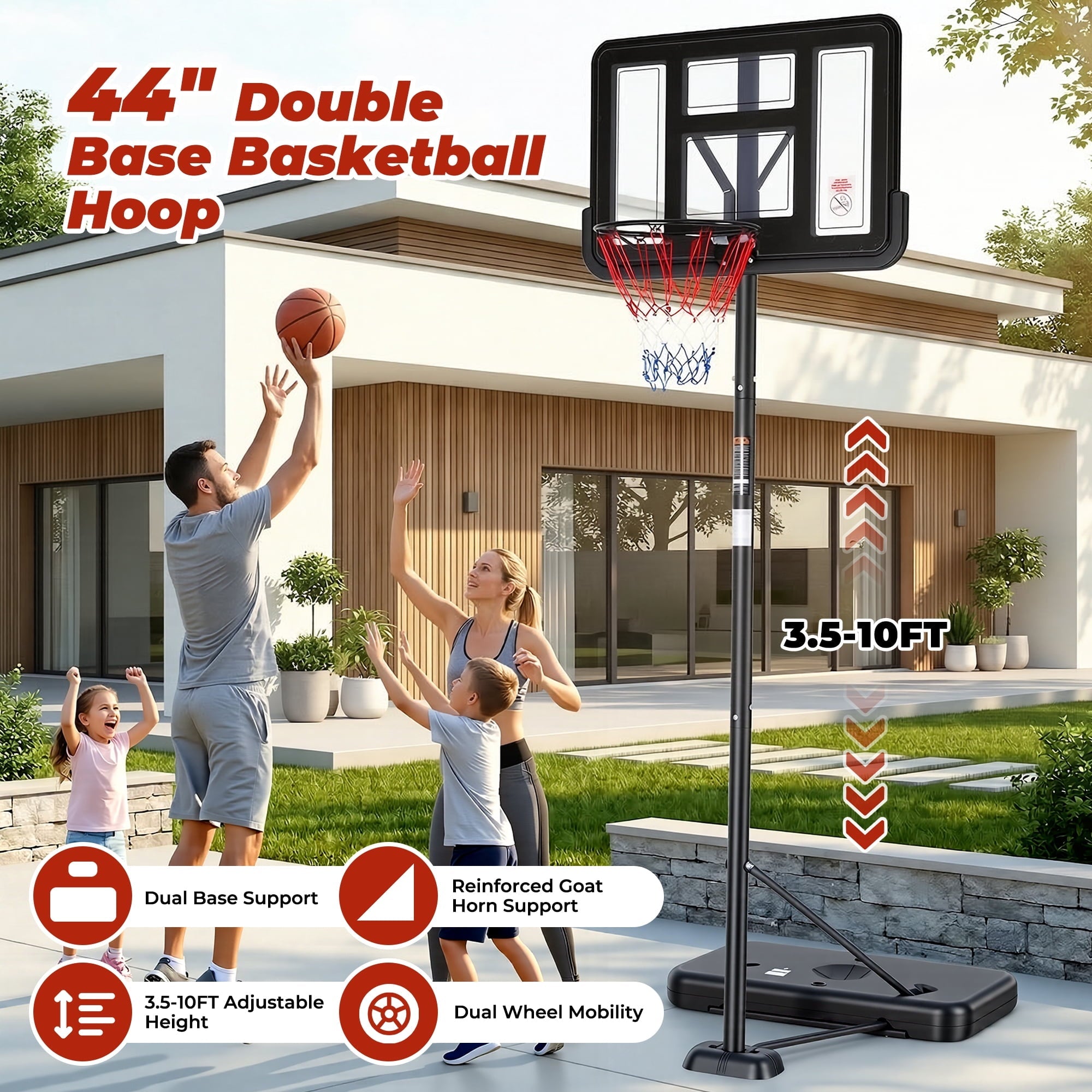 Naipo 44”Portable Basketball Hoop with Upgraded Dual Rear Base 3.5 to 10 FT Adjustable Basketball Stand 270° Safe Play Zone for Everyone in Family - NAIPO