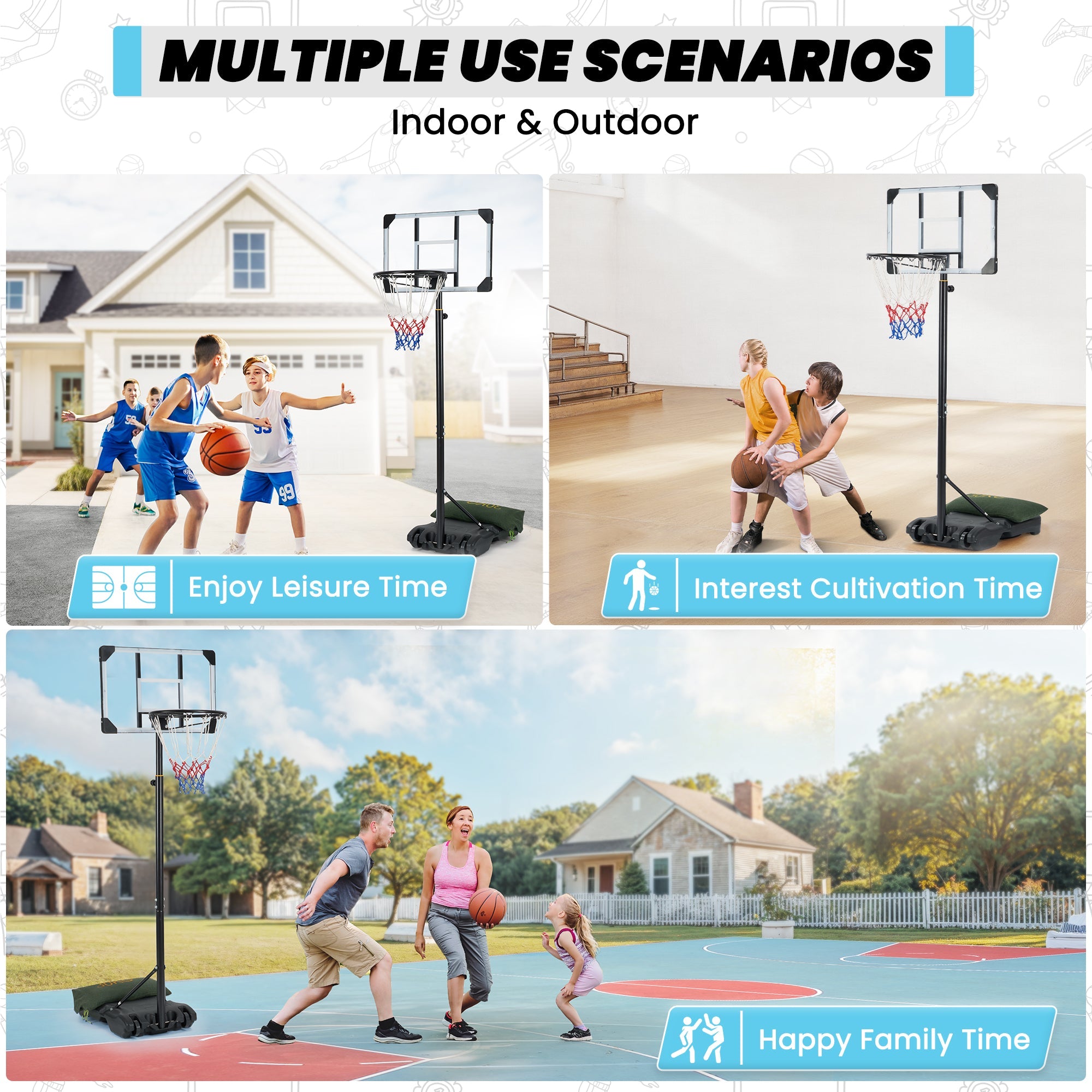 Naipo 5 - 7 FT Adjustable Basketball Hoop System 28" Backboard Portable Basketball Goal with Wheels Basketball Stand Ideal for Youth Family Fun Backyard&Outdoor&Indoor - NAIPO
