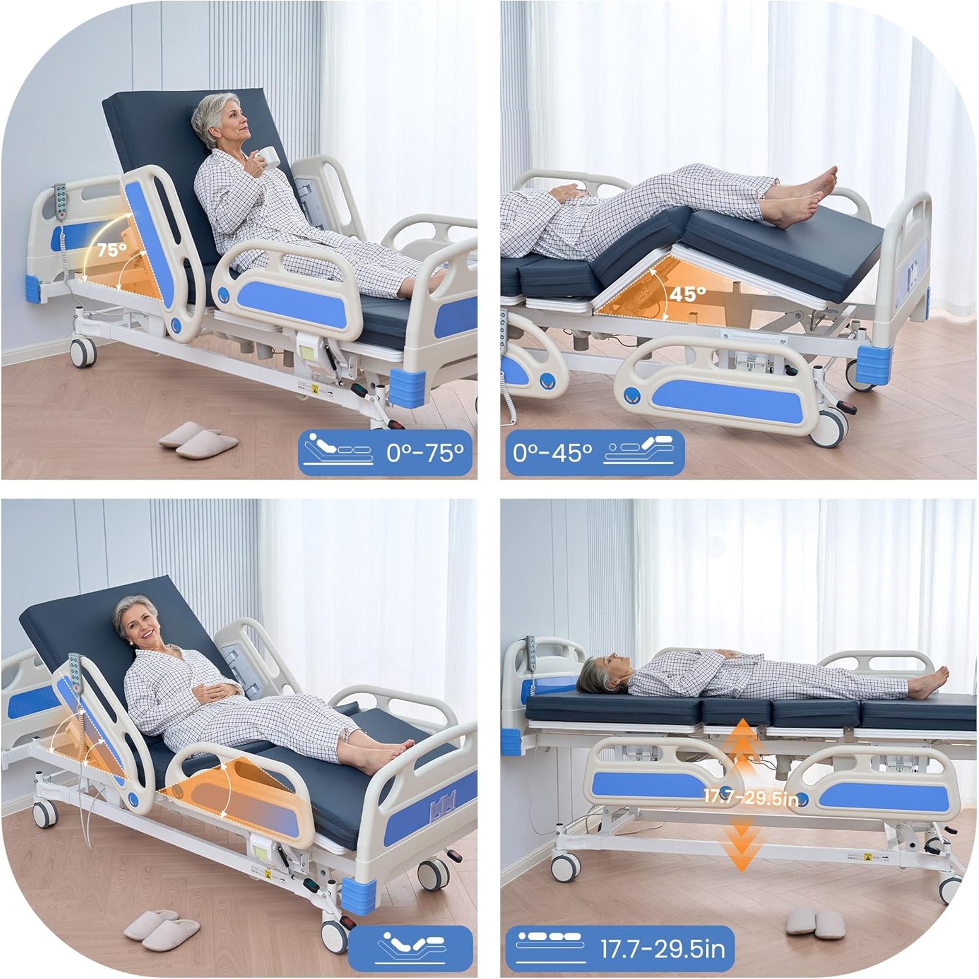 Naipo 5 Function Full Electric Hospital Bed, ICU Electric Medical Bed, 5 - Inch Locking Casters, IV Pole for Home Hospital Use - NAIPO