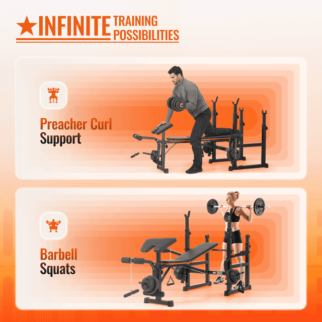 Naipo 7 - in - 1 Weight Bench with Dual Barbell Racks Adjustable Weight Bench 5 - Level Height & 4 - Level Backrest Weight Bench Set for Home Gym, 600lbs Full Body Workout - NAIPO