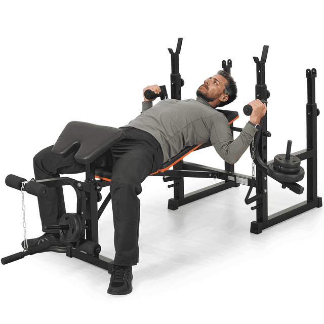 Naipo 7 - in - 1 Weight Bench with Dual Barbell Racks Adjustable Weight Bench 5 - Level Height & 4 - Level Backrest Weight Bench Set for Home Gym, 600lbs Full Body Workout - NAIPO