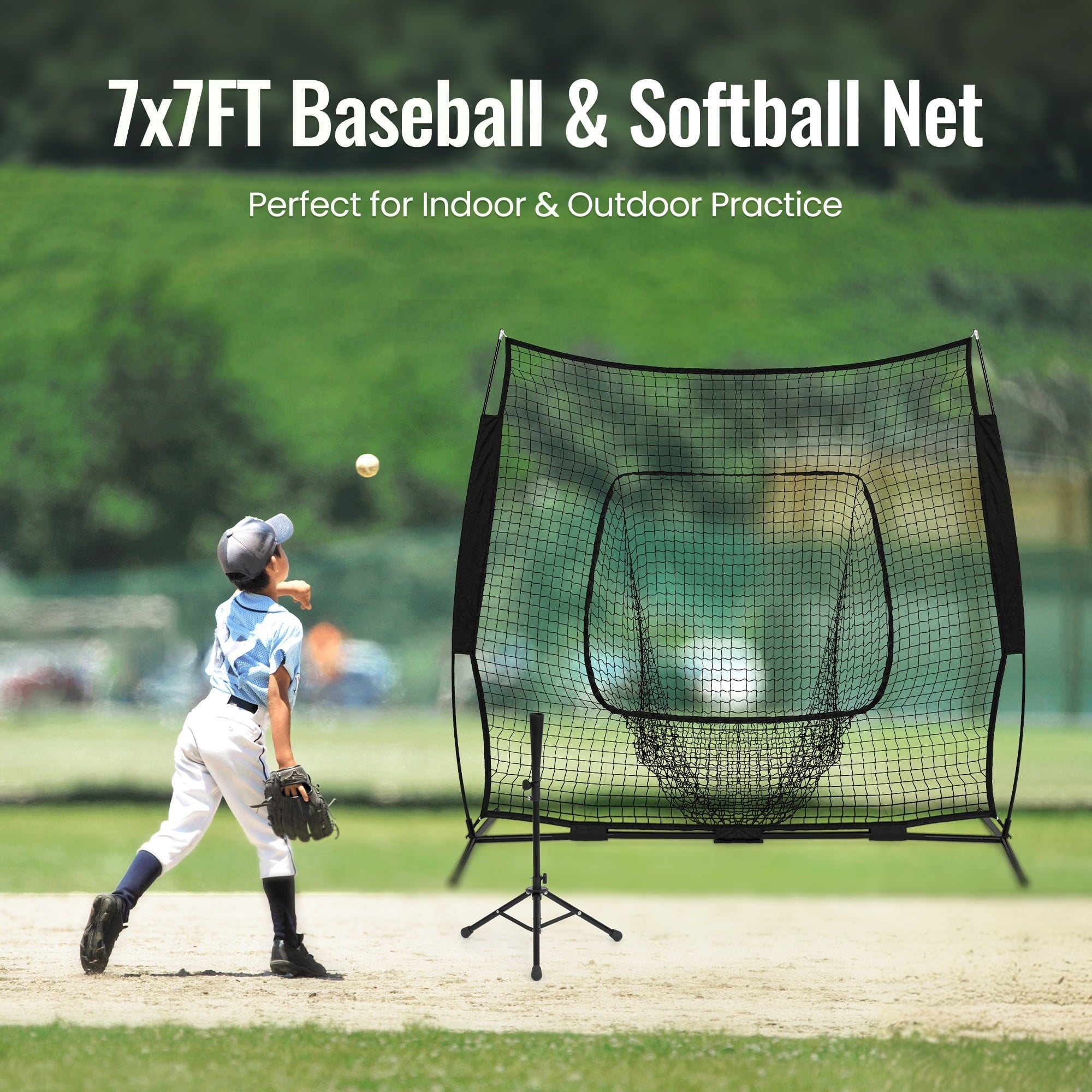 Naipo 7X7ft Baseball Net with Adjustable Baseball Tee ,Portable Baseball hitting Net for Hitting and Pitching with Carry Bag - NAIPO