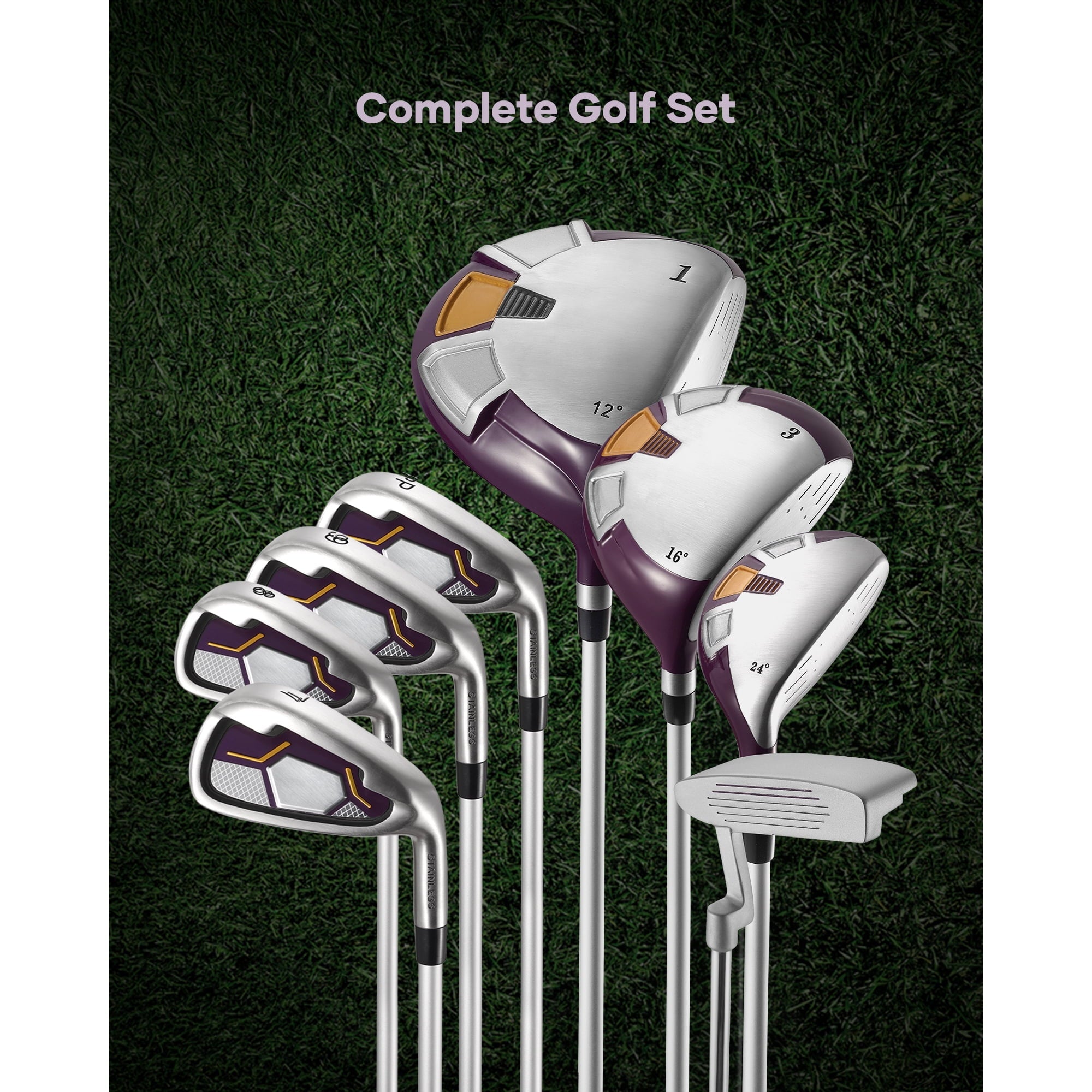 Naipo 8 Golf Clubs Set with A Complete Set of Golf Clubs Purple - Silver Color Palette Lightweight Design for Beginners - NAIPO