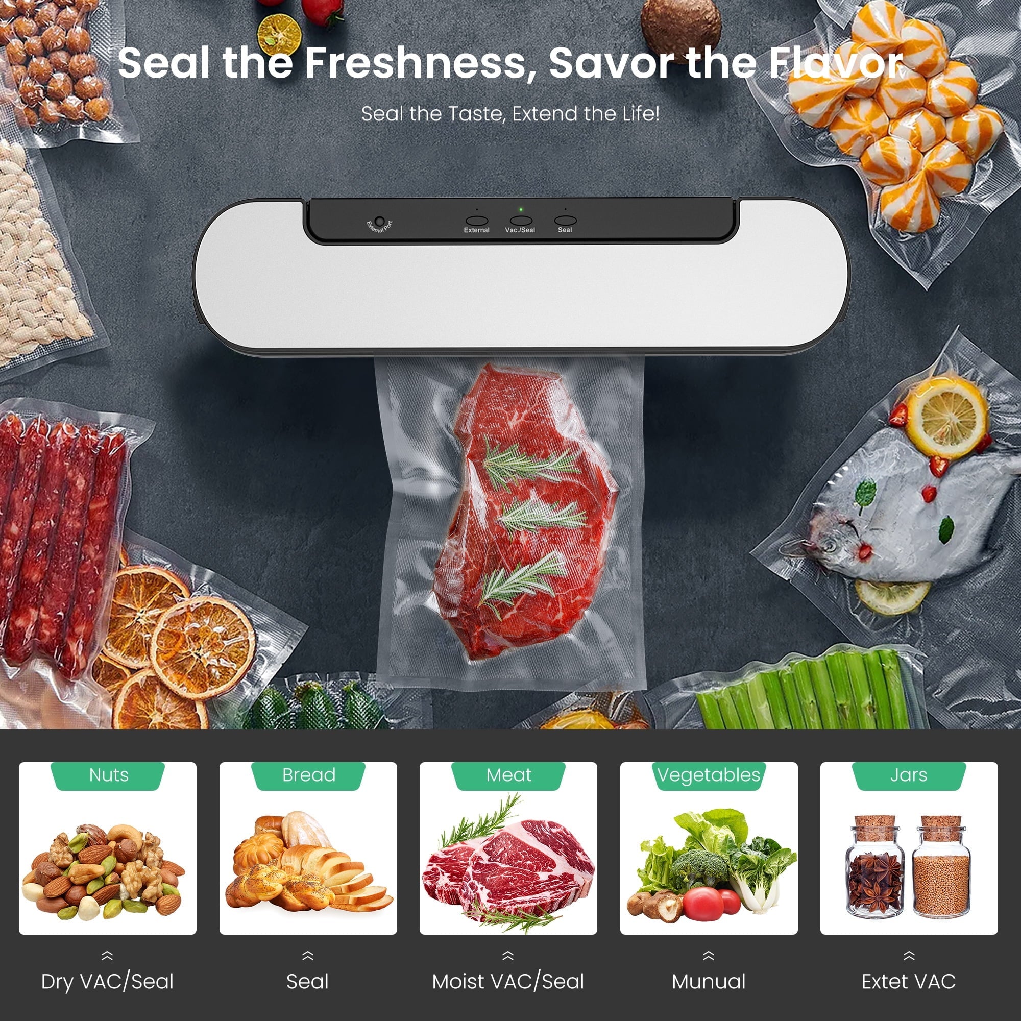Naipo Automatic Vacuum Sealer Machine, 60KPa Food Saver, Compact Air Sealing System for Refrigerator Storage - NAIPO