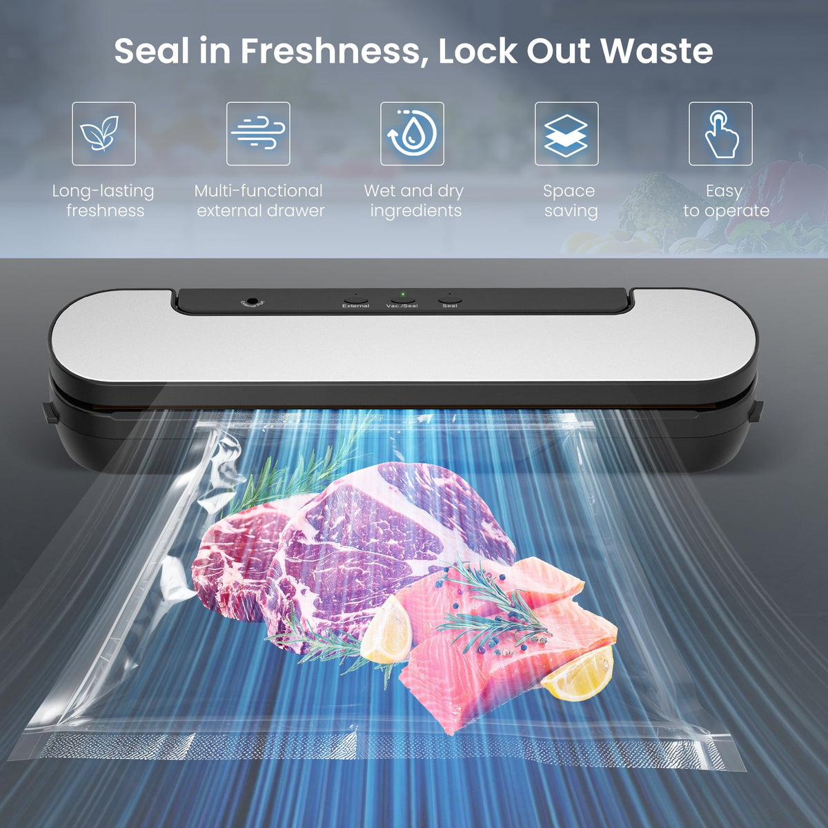 Naipo Automatic Vacuum Sealer Machine, 60KPa Food Saver, Compact Air Sealing System for Refrigerator Storage - NAIPO