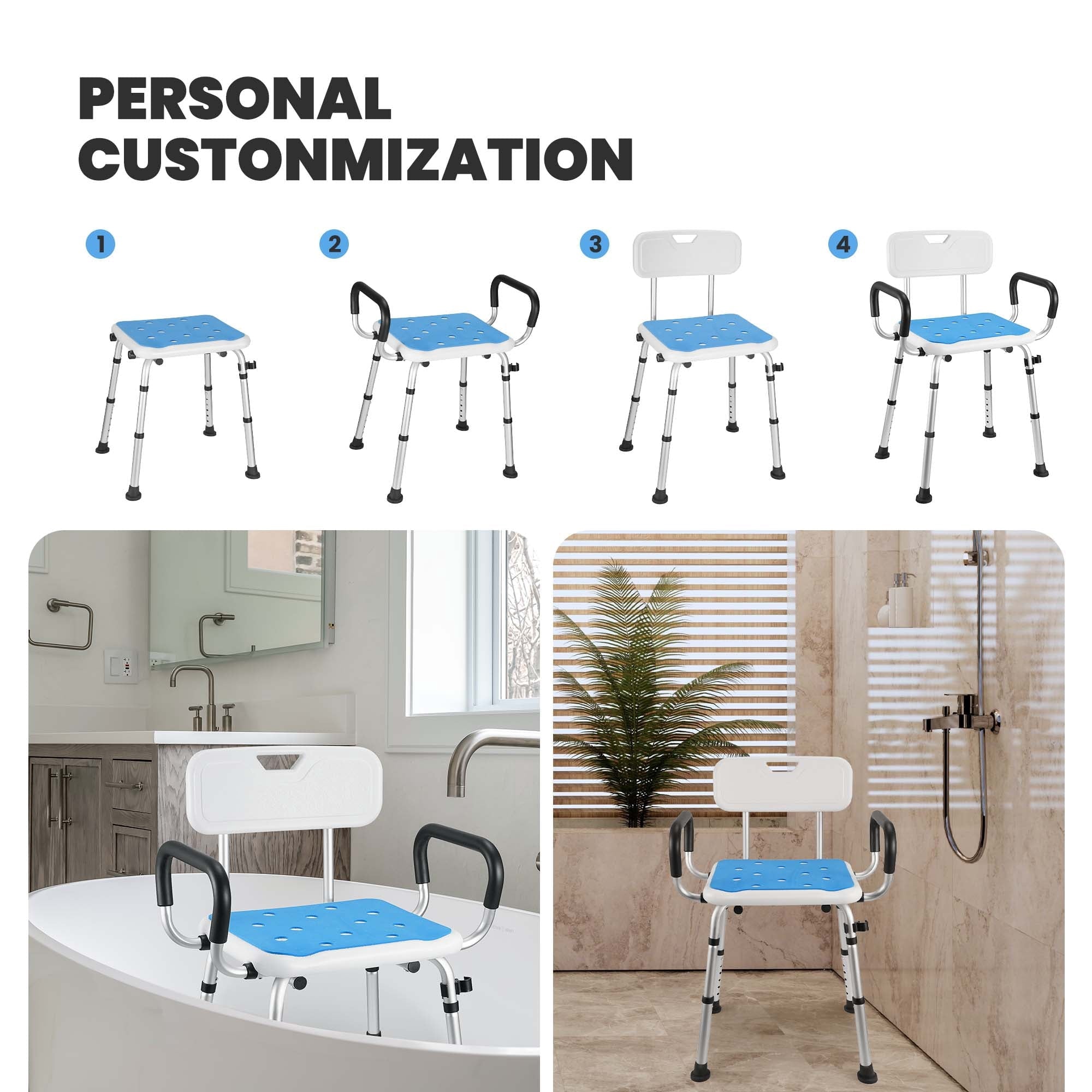 Naipo Bath Chair with Arms, Medical Shower Seat, Bariatric Bath Stool Safety Shower Bench with Reinforced Crossing Bar for Elderly, Adults, Disabled - NAIPO