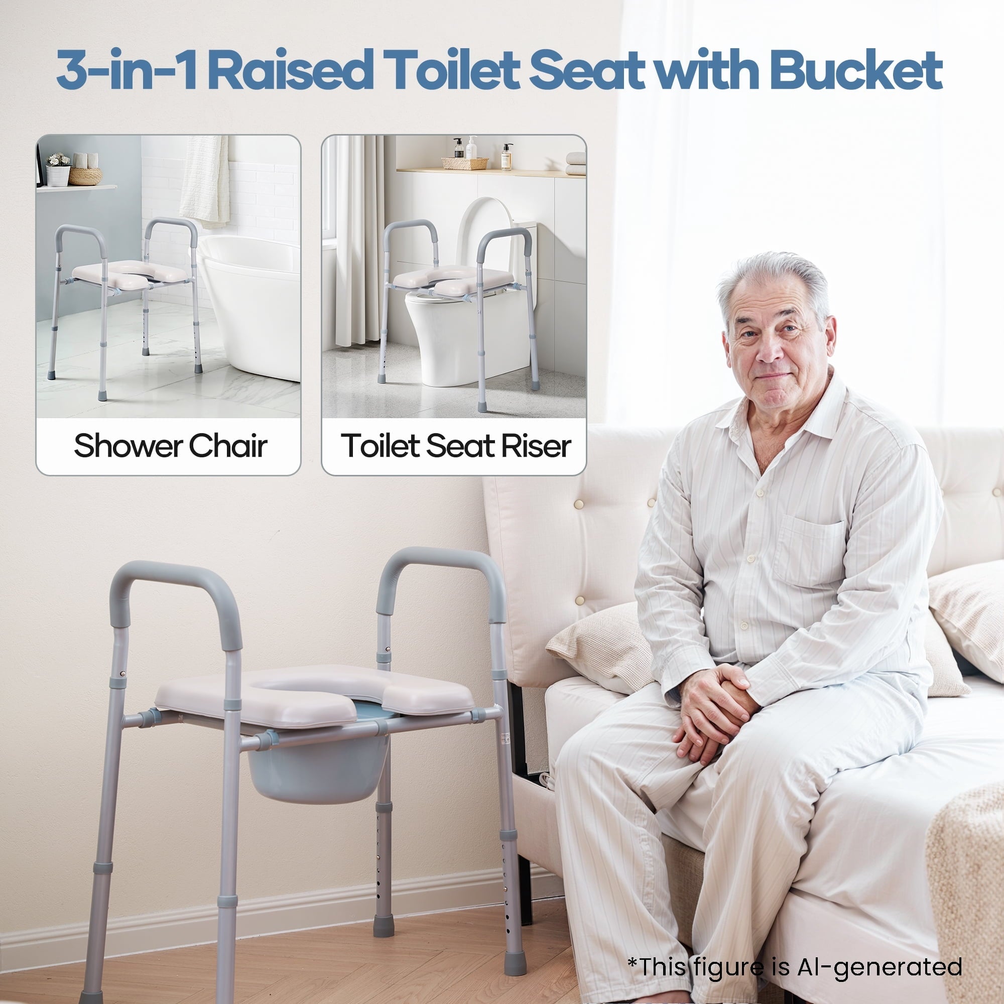 Naipo Bedside Commode for Seniors, 300lbs Raised Toilet Seat with 7.5QT Removable Bucket & Soft Seat Plate, 3-in-1 Adjustable Height Toilet - NAIPO