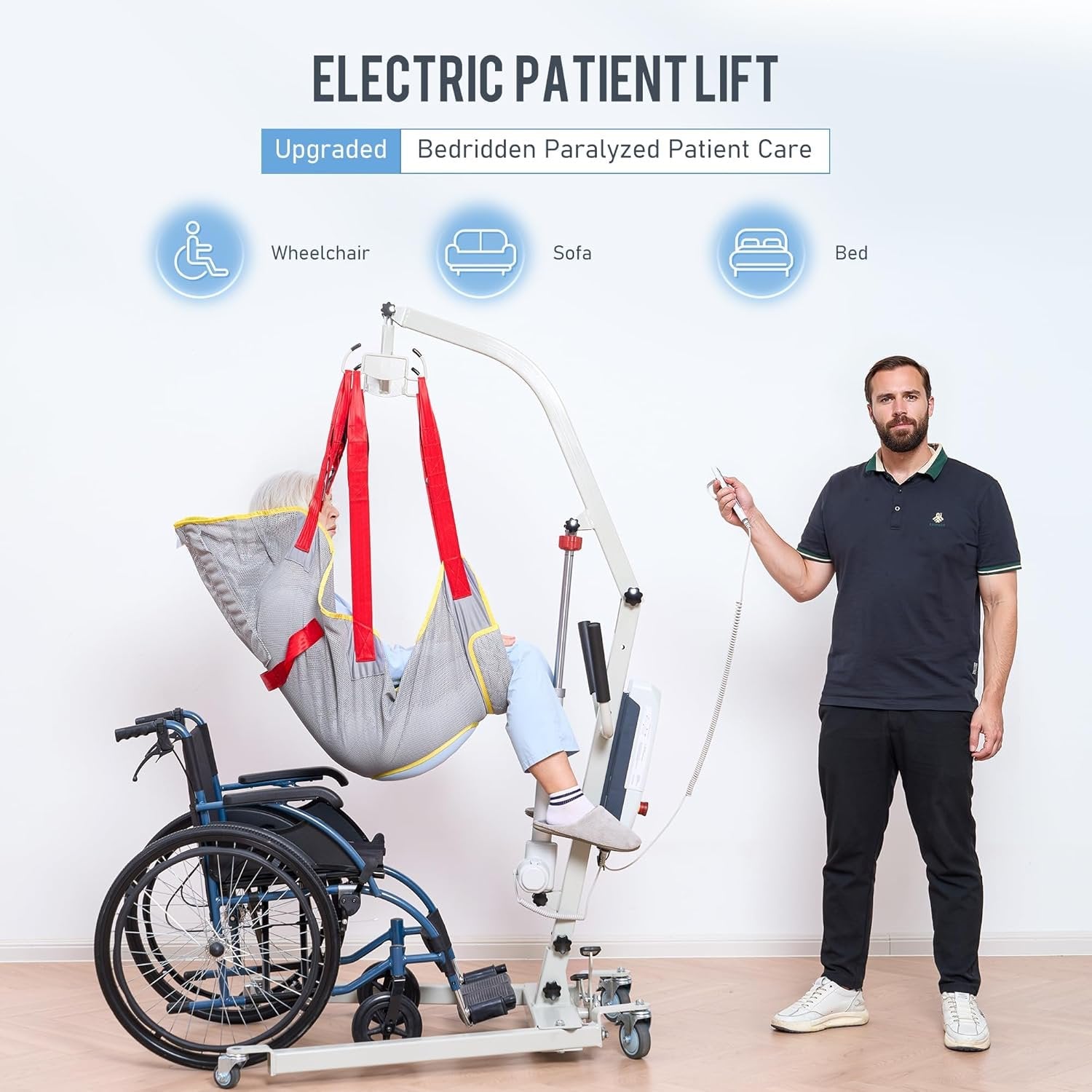 Naipo Electric Patient Lift, Full Hydraulic Body Transfer Patient Lift for Home, Adjustable Base, Carbon Steel 510lb Weight Capacity, White - NAIPO