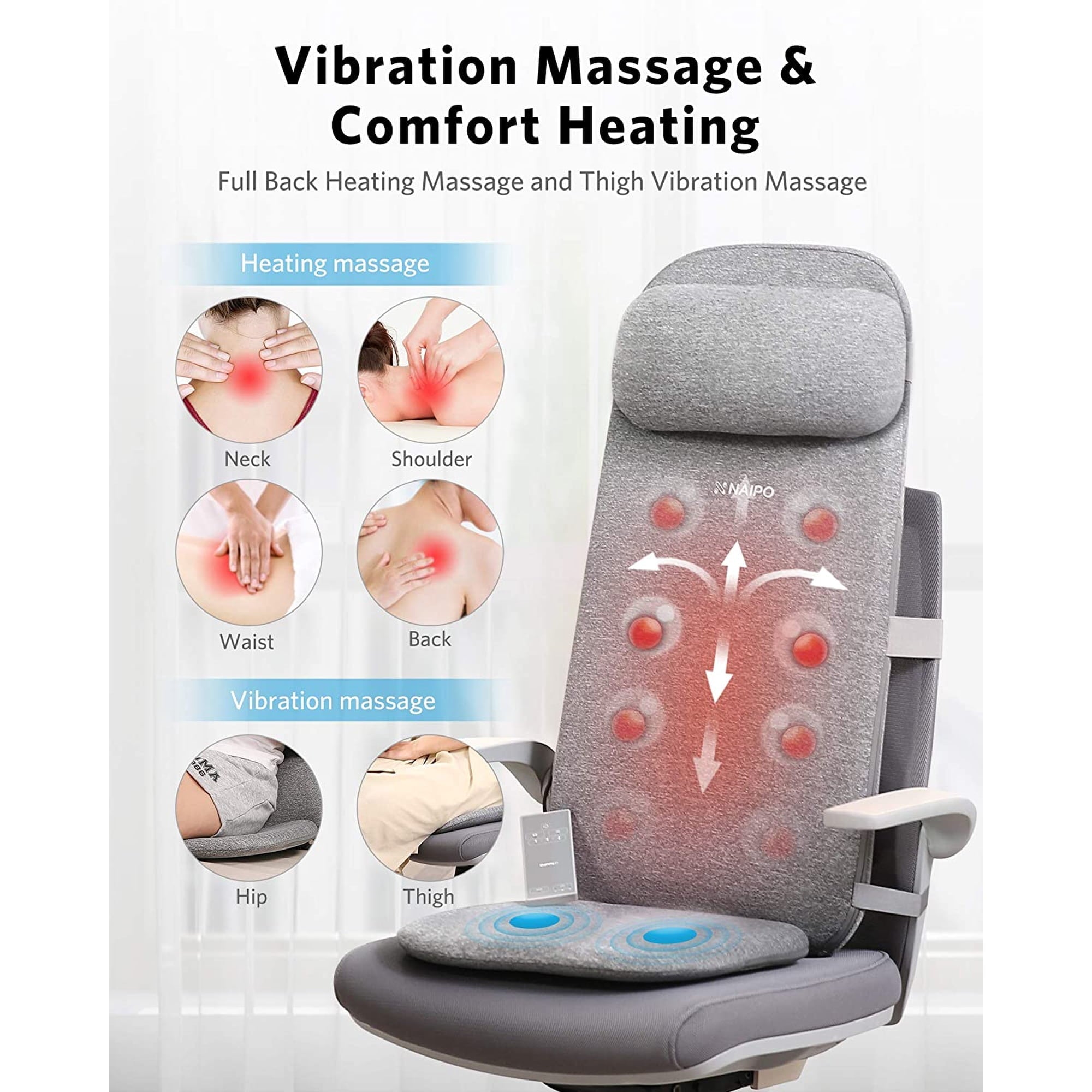 Naipo Full Body Shiatsu Massage Cushion Chair Pad with Heat and Vibration for Muscle Pain Relief, Remote Control, Gray - NAIPO