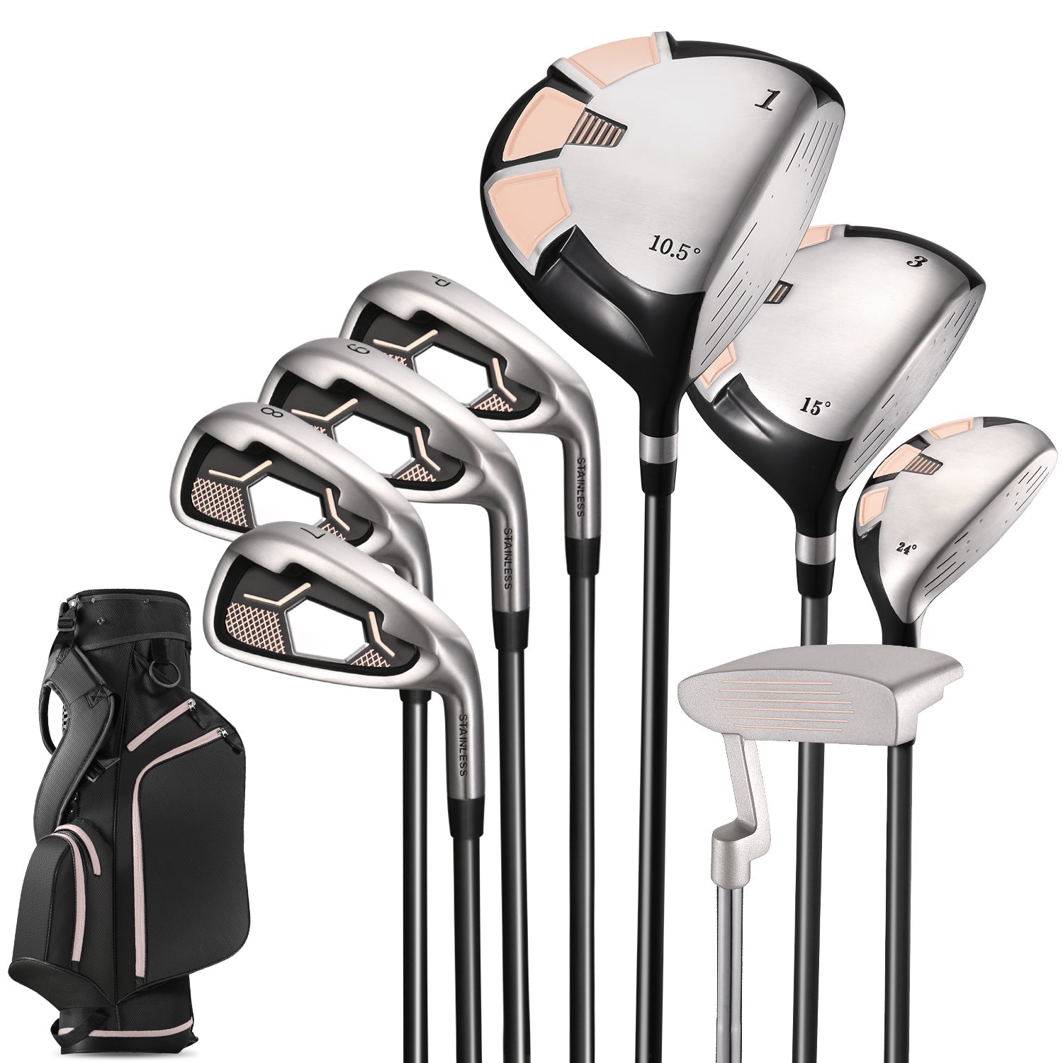 Naipo Golf Clubs Set Complete Golf 12 pcs Club Set Steel Shafts Putter Deluxe Stand Bag and 3 Bonus Head Covers Pink - NAIPO
