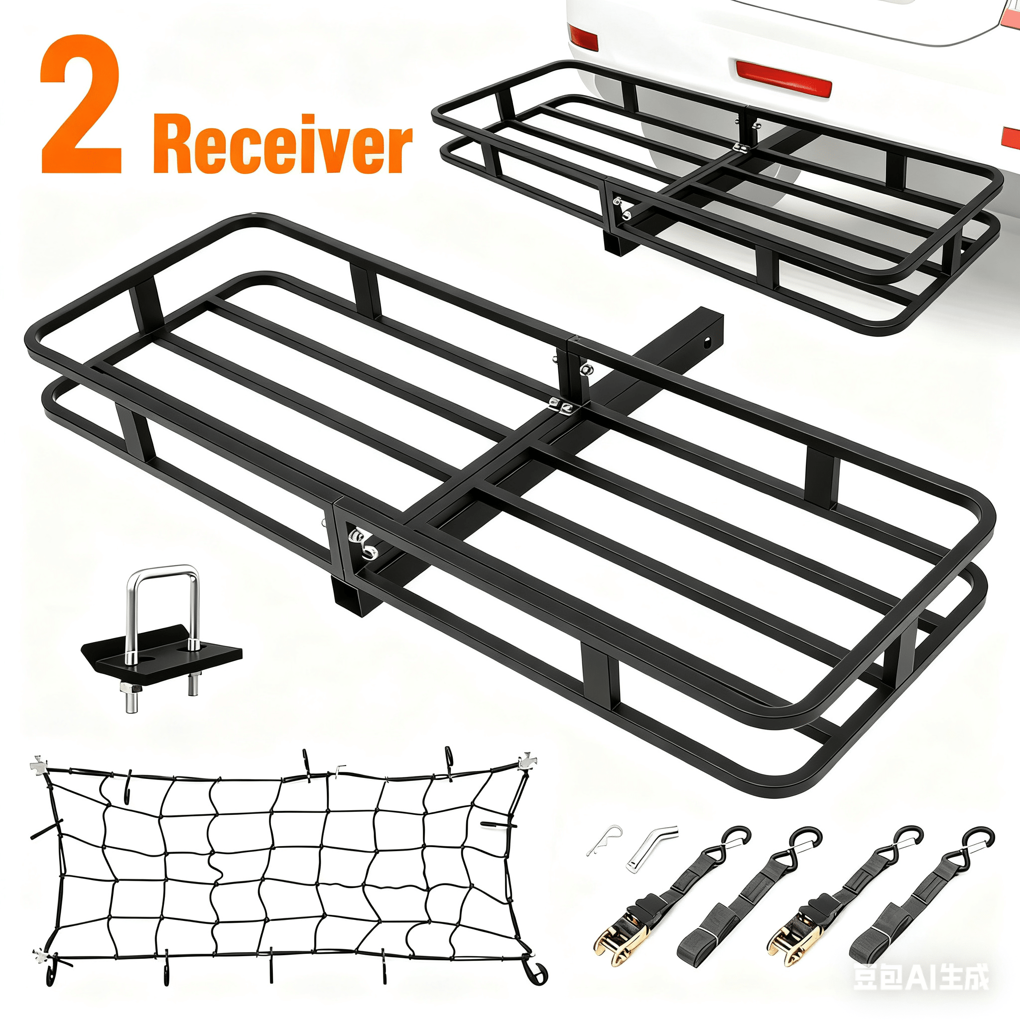 Naipo Hitch Cargo Carrier,53"x19"x5"Heavy - Duty Tow Hitch Cargo Basket,500 - lb Rear Luggage Rack with Net&Stabilizer&Ratchet Straps,2" Receiver for SUV,Camping - NAIPO