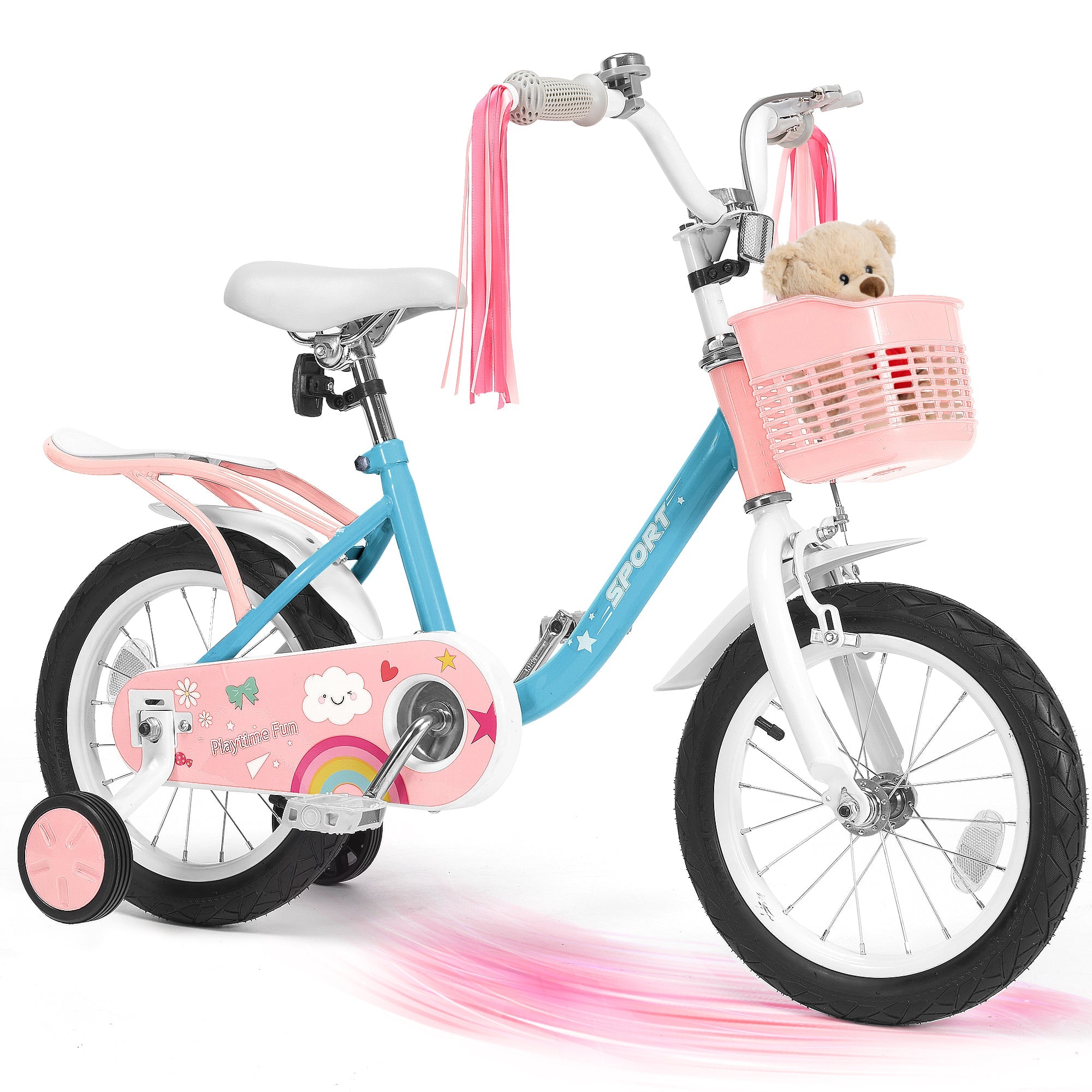Naipo Kids Bike 16Inch Girls Bike for 3 - 10 Years Old Girls Boys, Princess Bicycle, Toddler Bike Height 41" - 46" With Kickstand Training Wheels Riding Handbrake Streamer Basket Included, Pink Blue - NAIPO