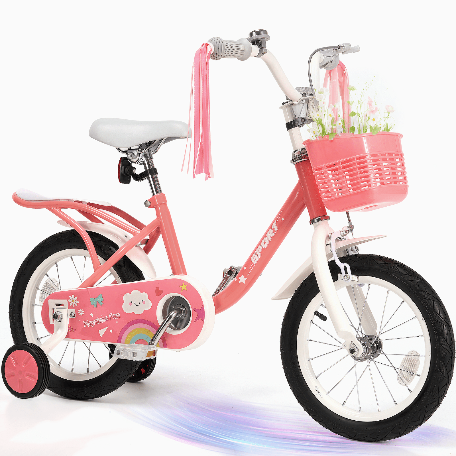 Naipo Kids Bike 18Inch Girls Bike for 3 - 10 Years Old Girls Boys, Princess Bicycle, Toddler Bike Height 45" - 54" With Kickstand Training Wheels Lightweight Frame for Easy Riding Handbrake Streamer Basket Included, Pink - NAIPO