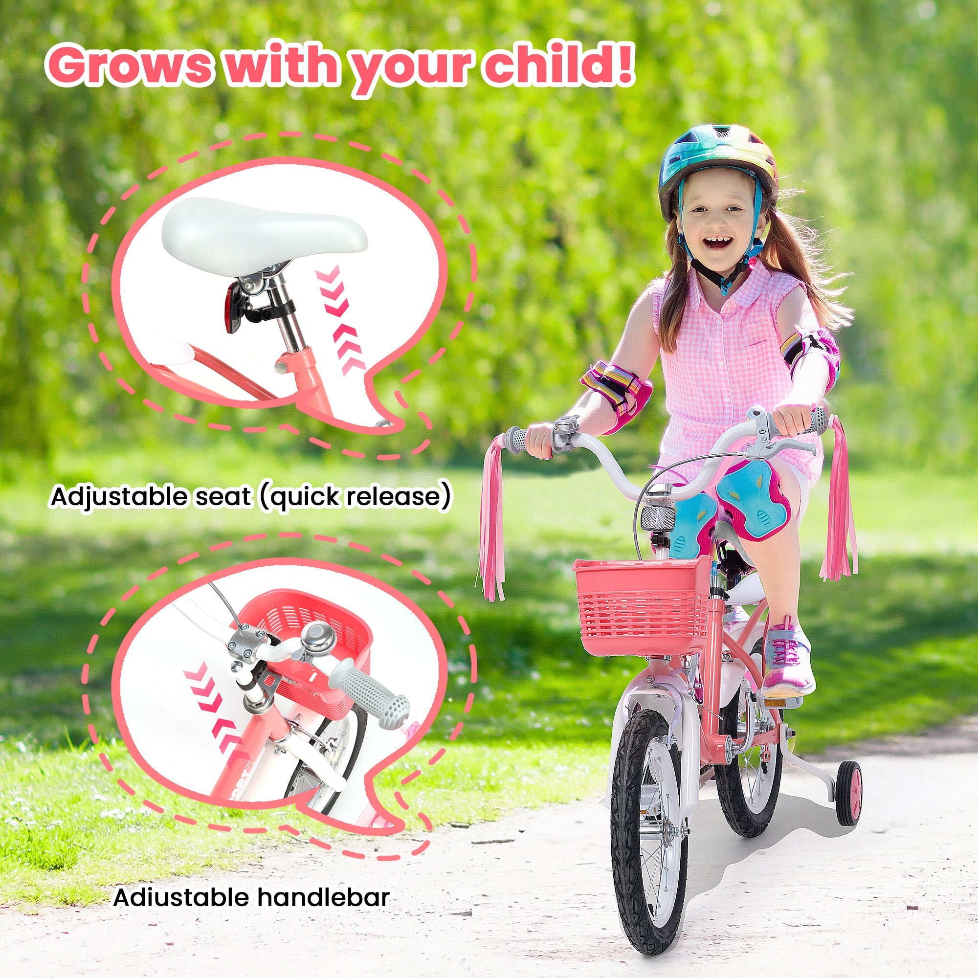 Naipo Kids Bike 18Inch Girls Bike for 3 - 10 Years Old Girls Boys, Princess Bicycle, Toddler Bike Height 45" - 54" With Kickstand Training Wheels Lightweight Frame for Easy Riding Handbrake Streamer Basket Included, Pink - NAIPO