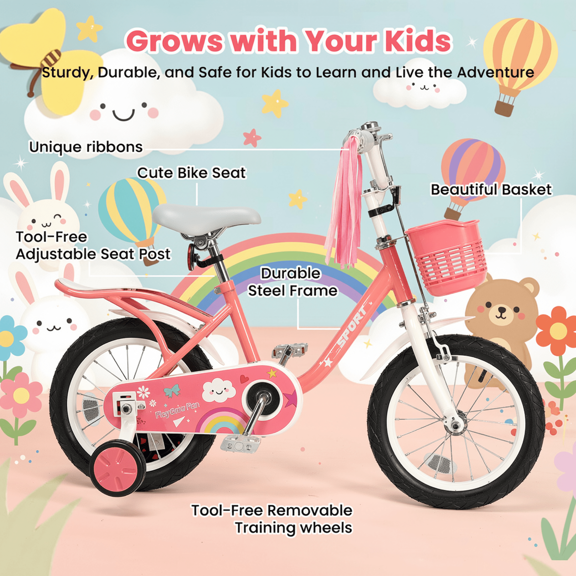 Naipo Kids Bike 18Inch Girls Bike for 3 - 10 Years Old Girls Boys, Princess Bicycle, Toddler Bike Height 45" - 54" With Kickstand Training Wheels Lightweight Frame for Easy Riding Handbrake Streamer Basket Included, Pink - NAIPO