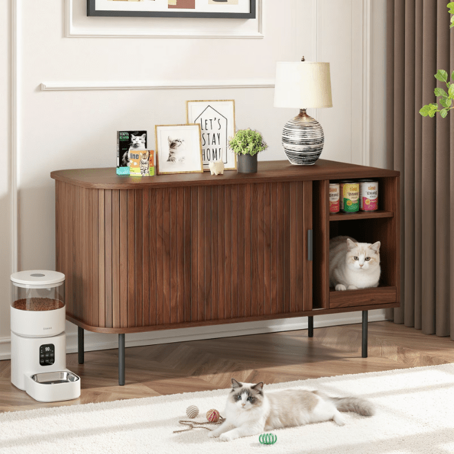 Naipo Large Hidden Cat Litter Box Enclosure, 37.4" All in 1 Litter box Furniture with Roller Shutter Sliding Door, Dog - Proof Cat House with Mat & Waterproof Pad, Natural Brown - NAIPO