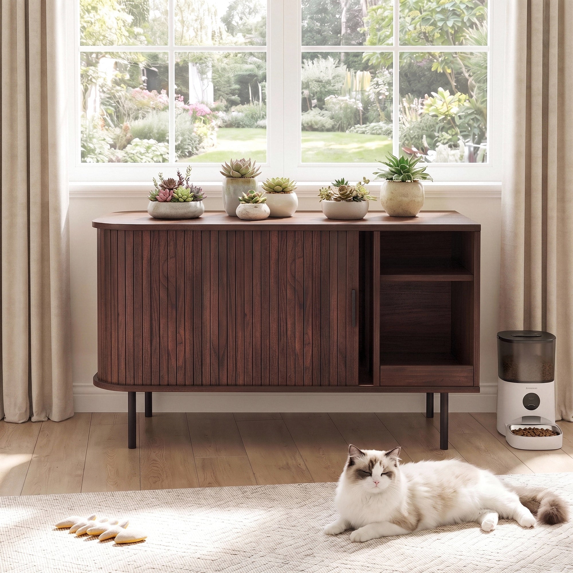 Naipo Large Hidden Cat Litter Box Enclosure, 37.4" All in 1 Litter box Furniture with Roller Shutter Sliding Door, Dog-Proof Cat House with Mat & Waterproof Pad, Natural Brown - NAIPO